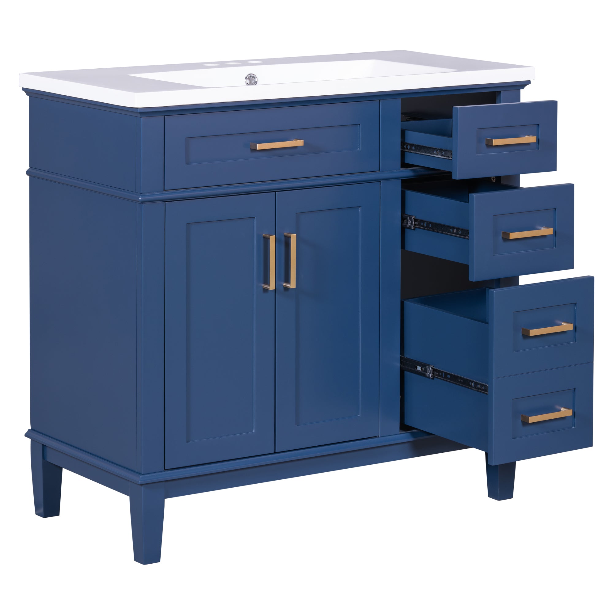 36-inch Bathroom Vanity with Resin Sink, Modern Bathroom Cabinet in Blue, Featuring Two Soft Close Doors and Four Drawers