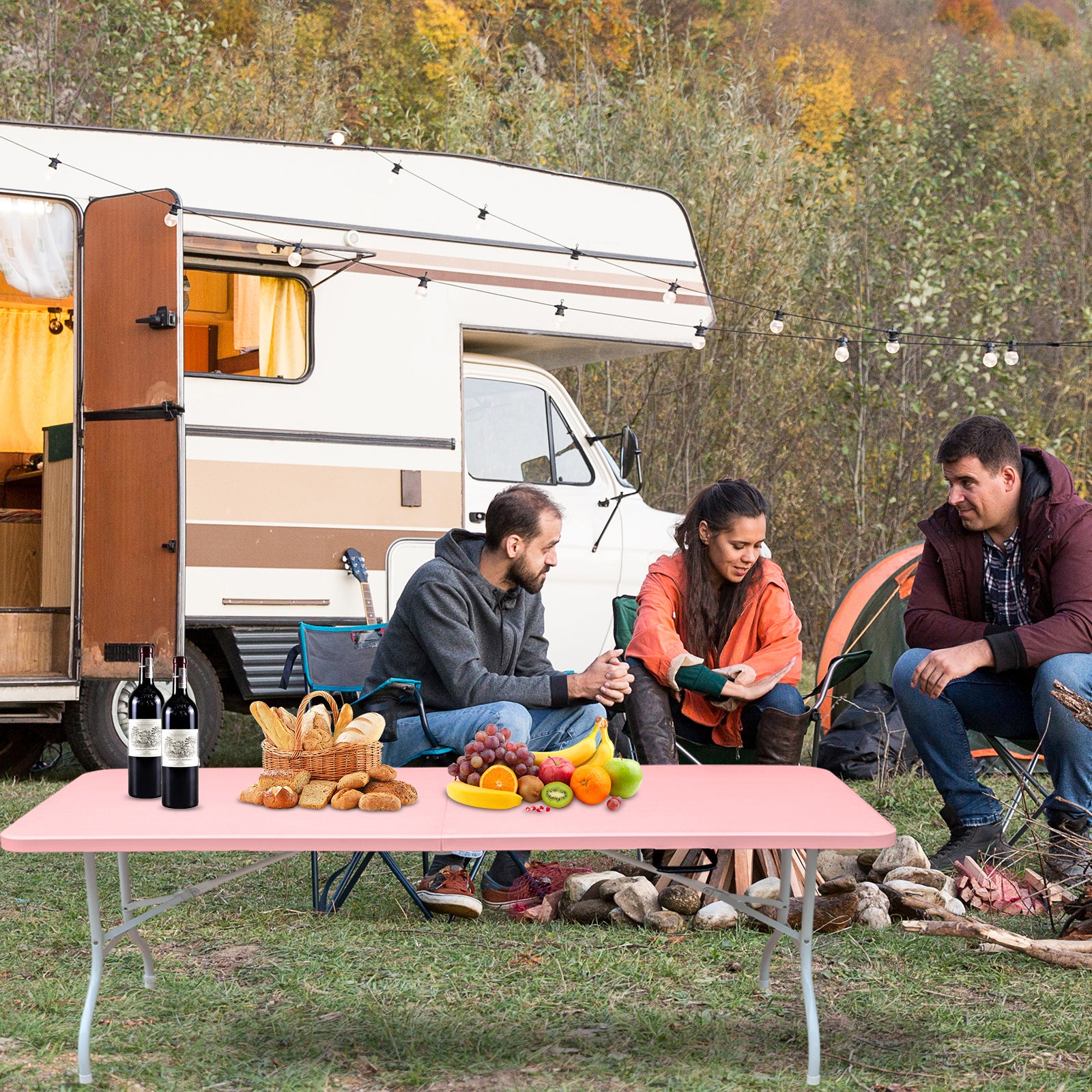 8ft Pink Folding Table, Portable Plastic Table for Camping, Picnics, Parties, High Load Bearing Foldable Table