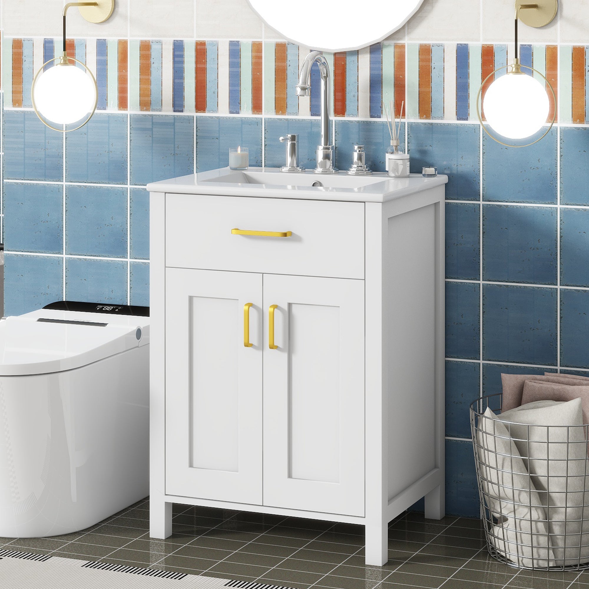 24"Bathroom Vanity Combo with Ceramic sink, Luxurious Space-Saving Vanity - W24"*D18"*H34"inch, 2 Soft-Close Doors