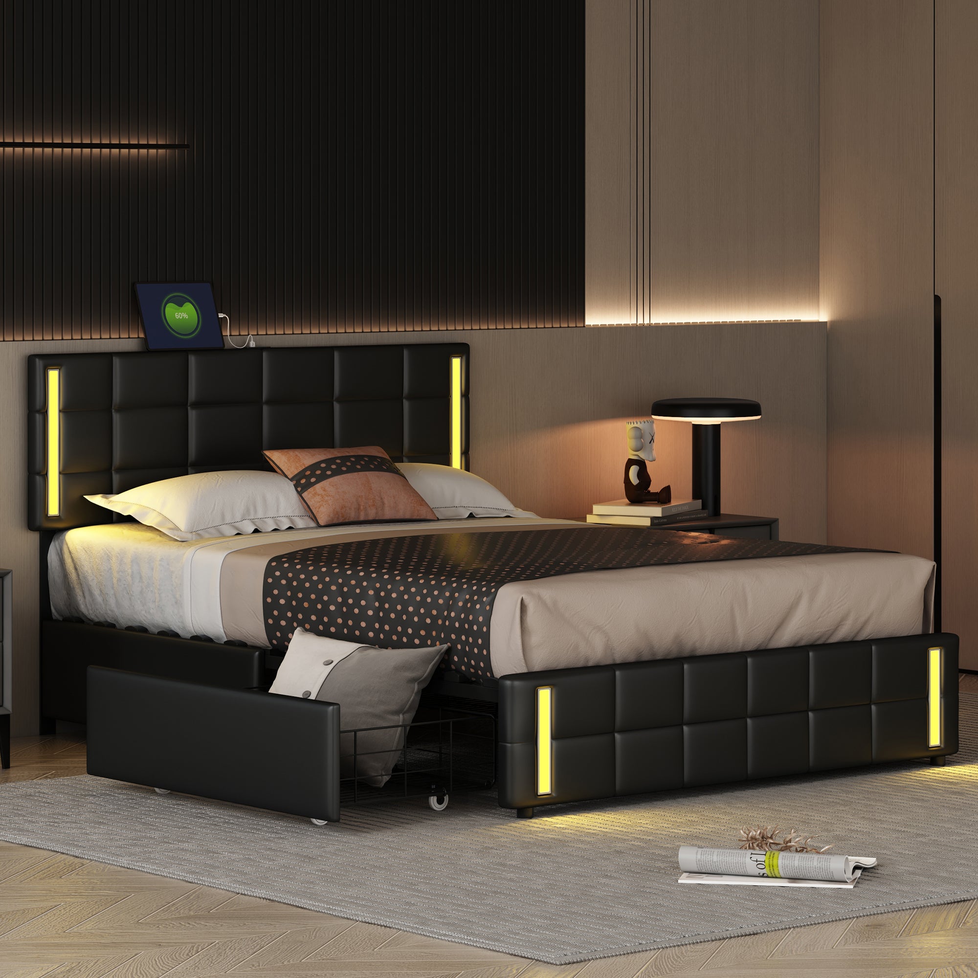 Queen Size Upholstered Platform Bed with LED Lights and USB Charging, Storage Bed with 4 Drawers, Black(Old SKU:WF302558AAB)