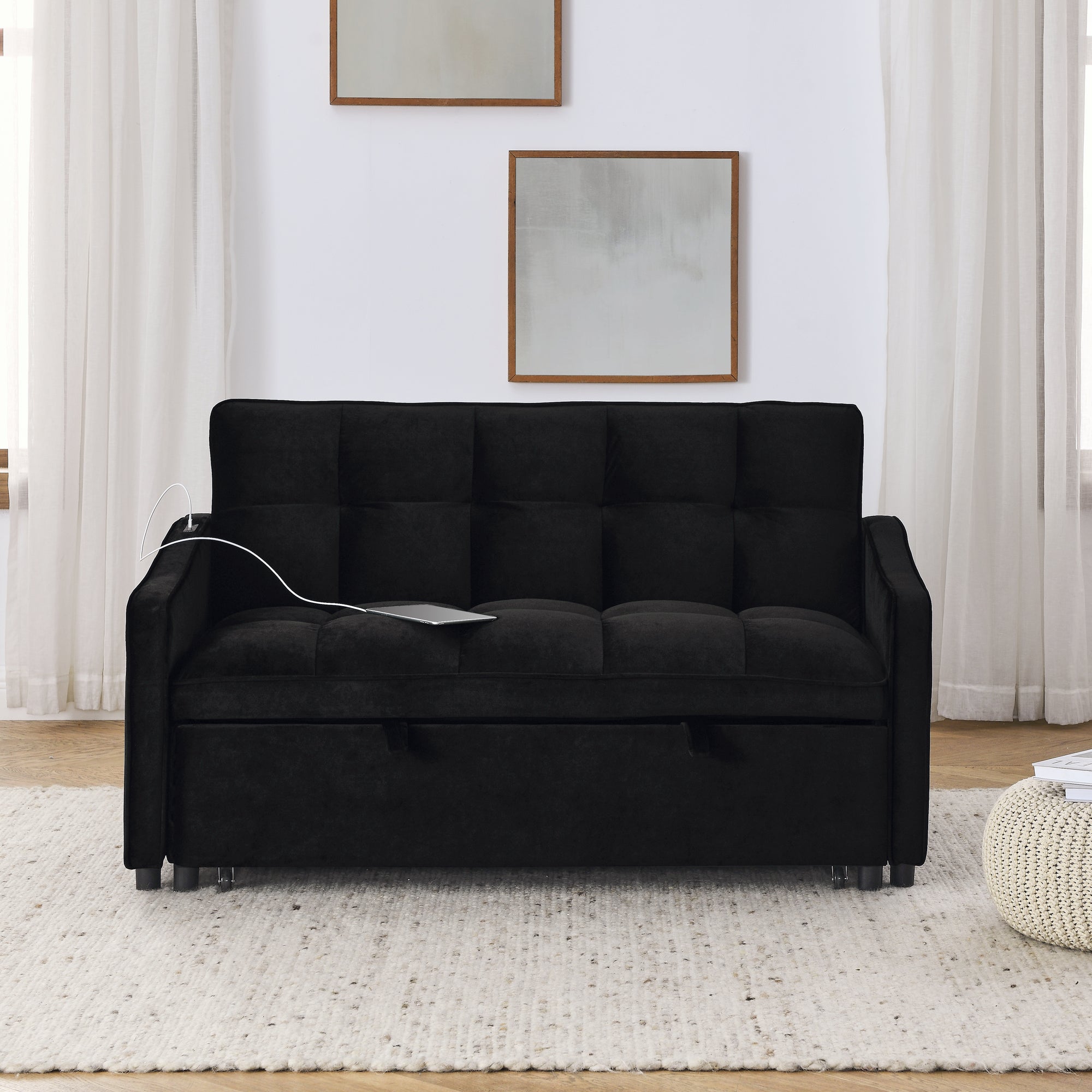 Loveseats Sofa Bed with Pull-out Bed,Adjsutable Back and Two Arm Pocket,TypeC and USB Charging with Copper nail,Black (47"x53"x31")