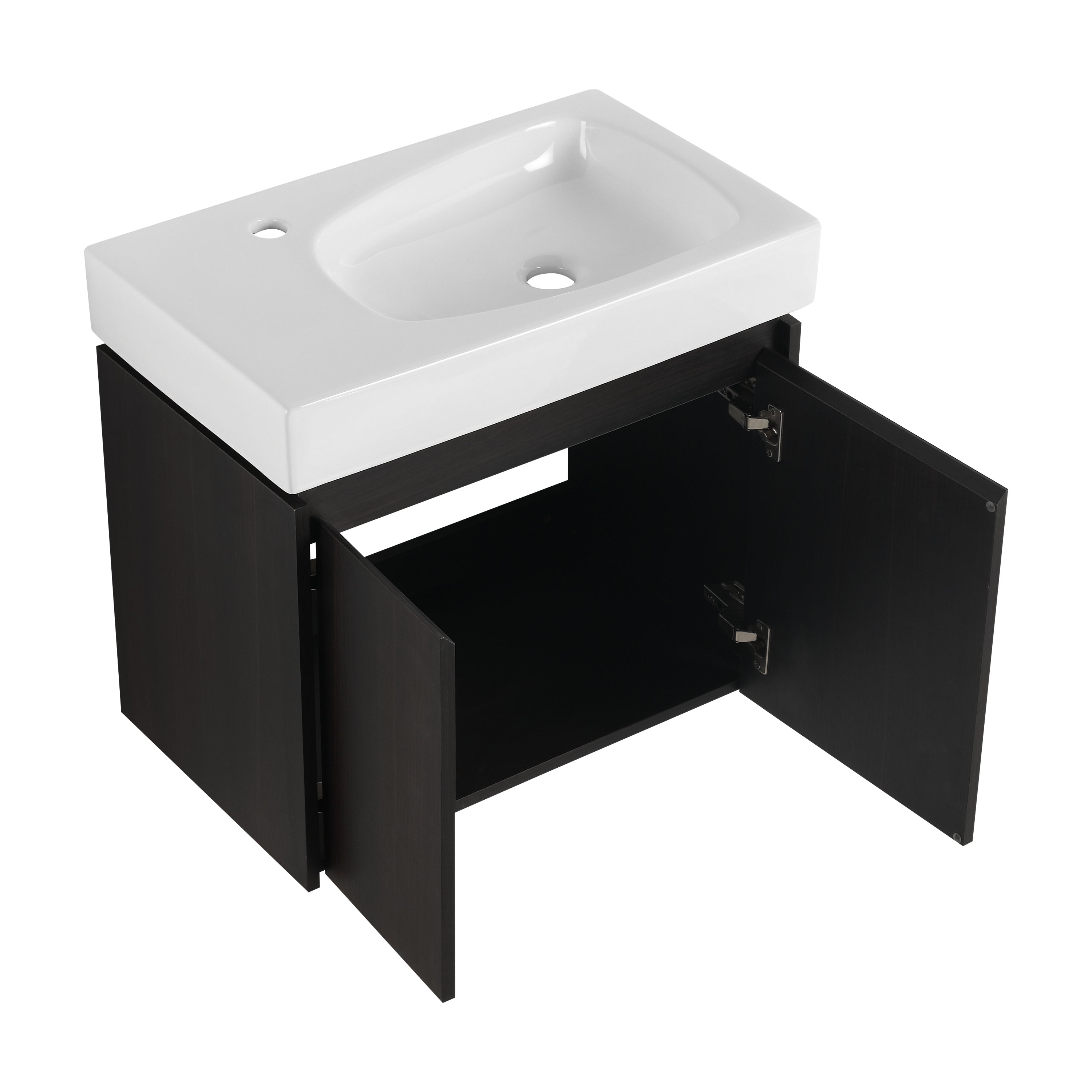 24 Inch Bathroom Vanity with Ceramic Basin, Wall Mounted Floating Vanity Sink Combo, Wooden Storage Cabinet with Double Doors for Bathroom,Black