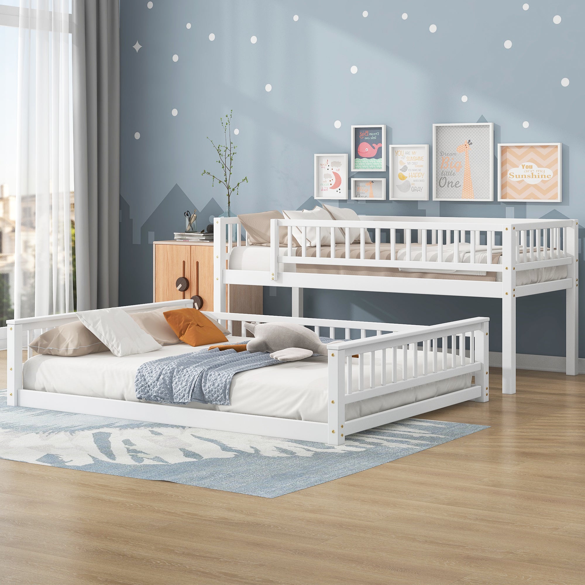 White Twin XL over Queen bunk bed, angled side view