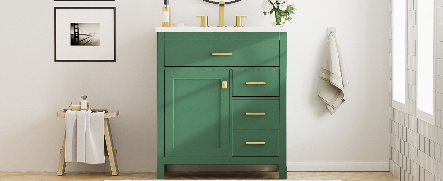 30-Inch Green Bathroom Vanity with Ceramic Sink and Ample Storage - Ideal Choice for Small Bathrooms