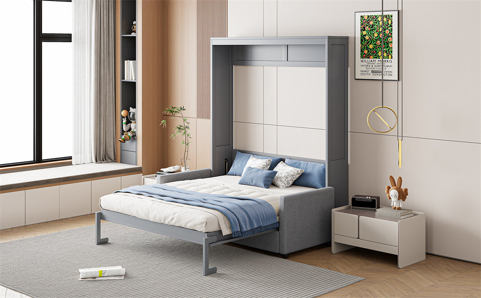 Full Size Murphy Bed Wall Bed with Cushion,Gray