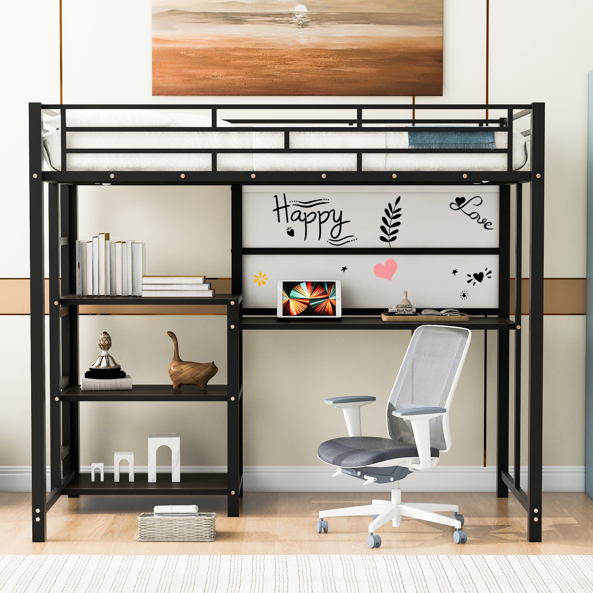 Twin Size Loft Bed with Desk and Whiteboard, Metal Loft Bed with 3 Shelves and Ladder, Black