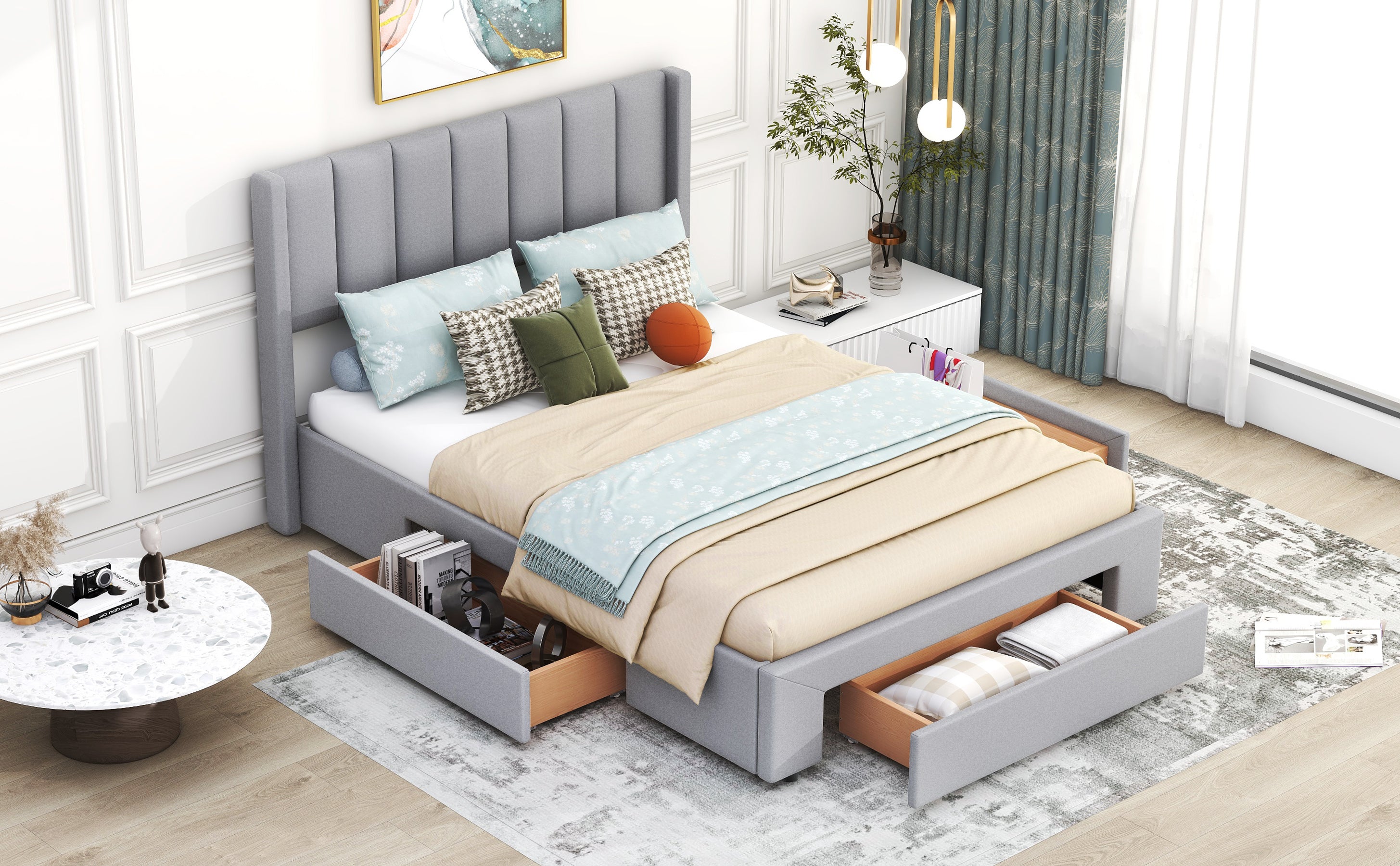 Queen Size Upholstered Platform Bed with One Large Drawer in the Footboard and Drawer on Each Side,Gray