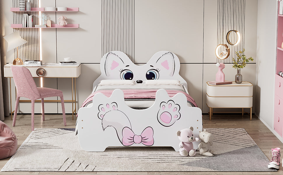 Cartoon Twin Size Platform Bed with Trundle, White