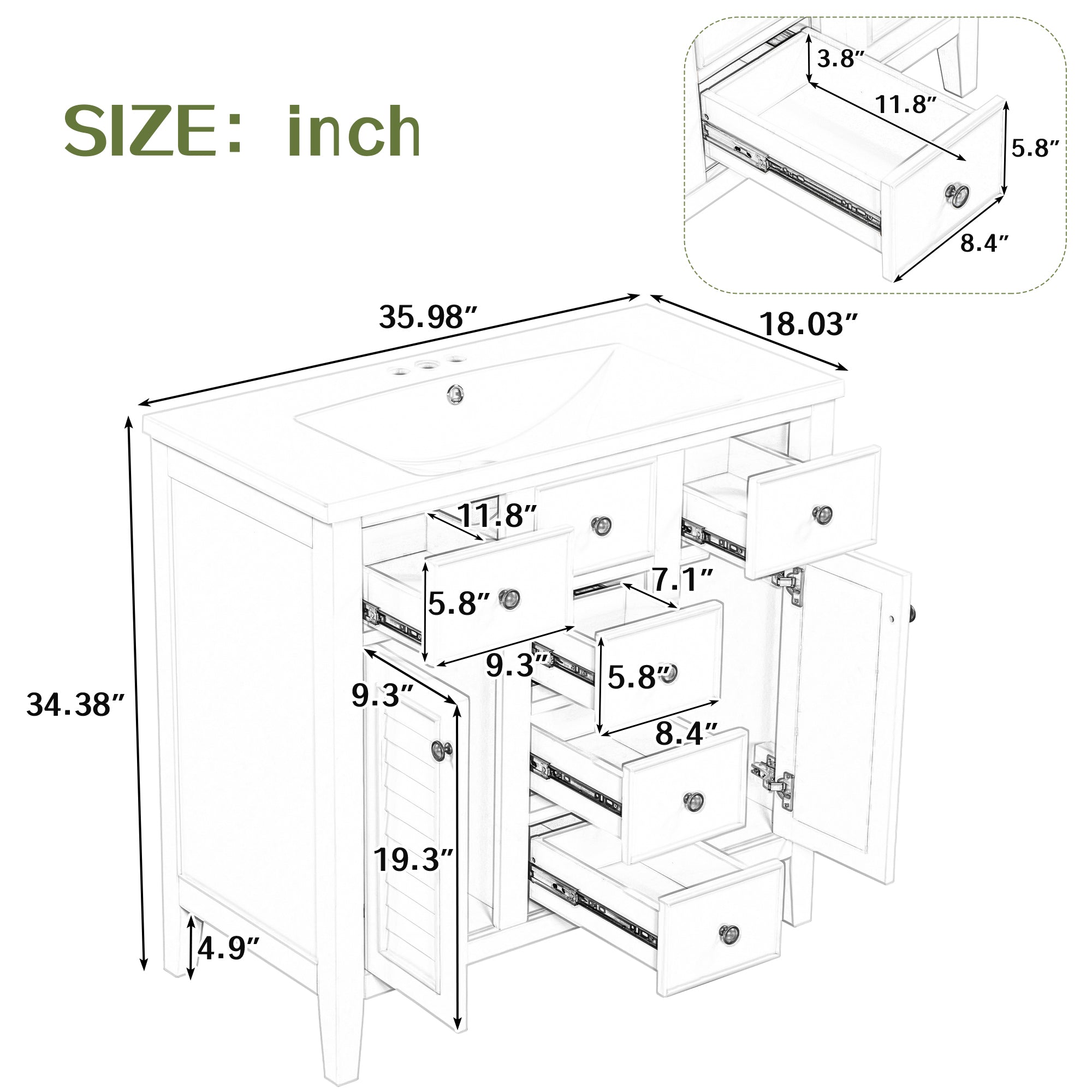 36" Bathroom Vanity with Ceramic Basin, Two Cabinets and Five Drawers, Solid Wood Frame, White (OLD SKU: SY999202AAK-1)