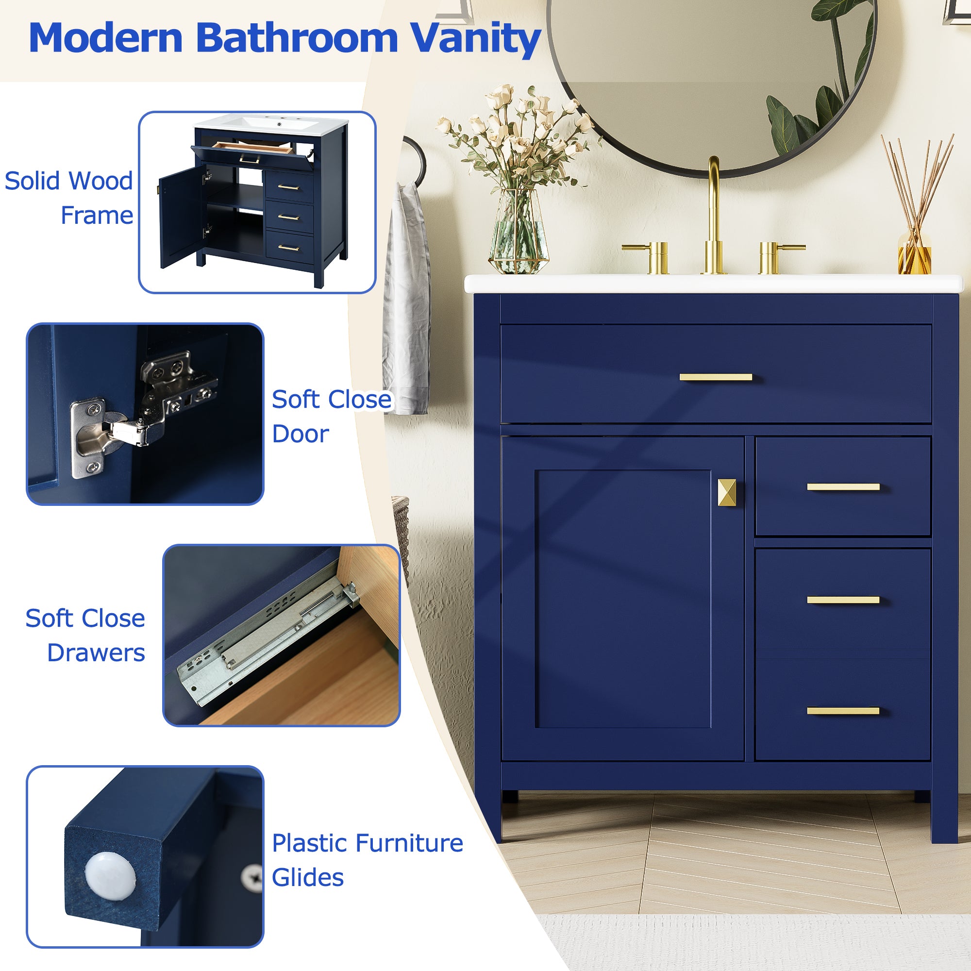 30-Inch Blue Bathroom Vanity with Ceramic Sink and Ample Storage - Ideal Choice for Small Bathrooms