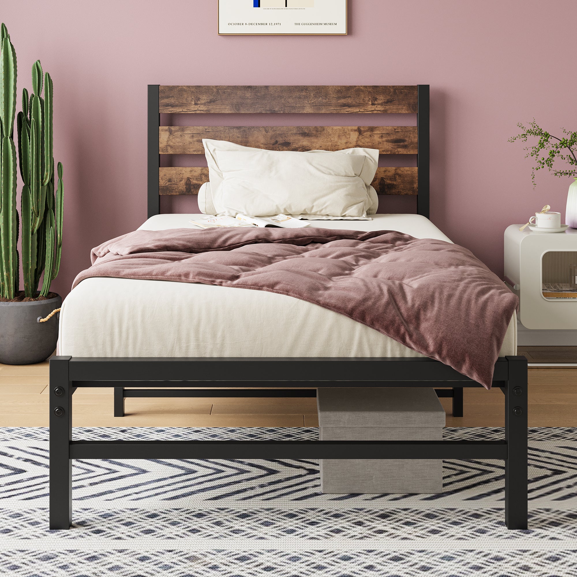 Twin Size Platform Bed Frame with Rustic Vintage Wood Headboard, Strong Metal Slats Support Mattress Foundation, No Box Spring Needed Rustic Brown