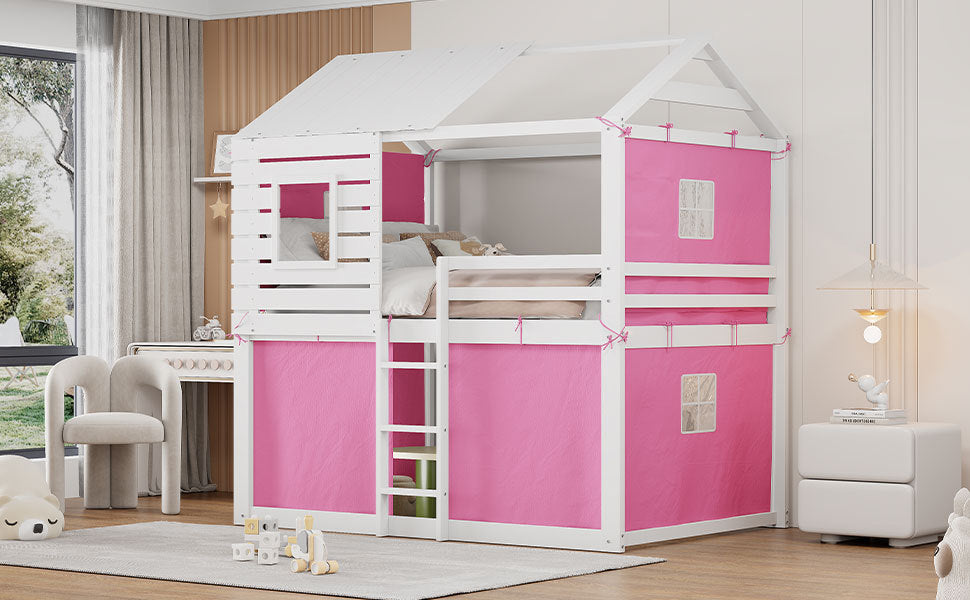 Full Size Bunk Wood House Bed with Tent, Pink+White