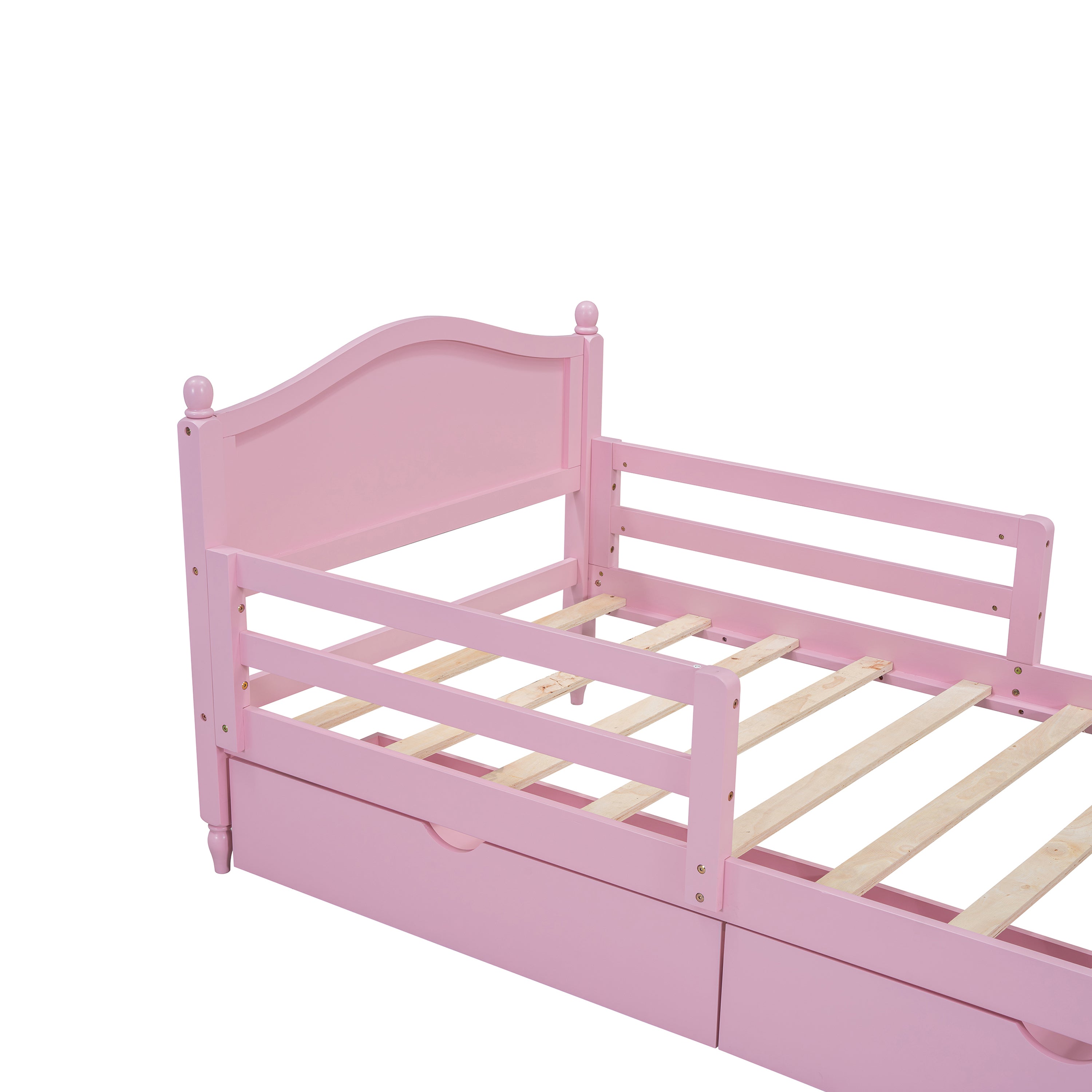 Twin Size Wood Platform Bed with Guardrails on Both Sides and Two Storage Drawers ,Pink