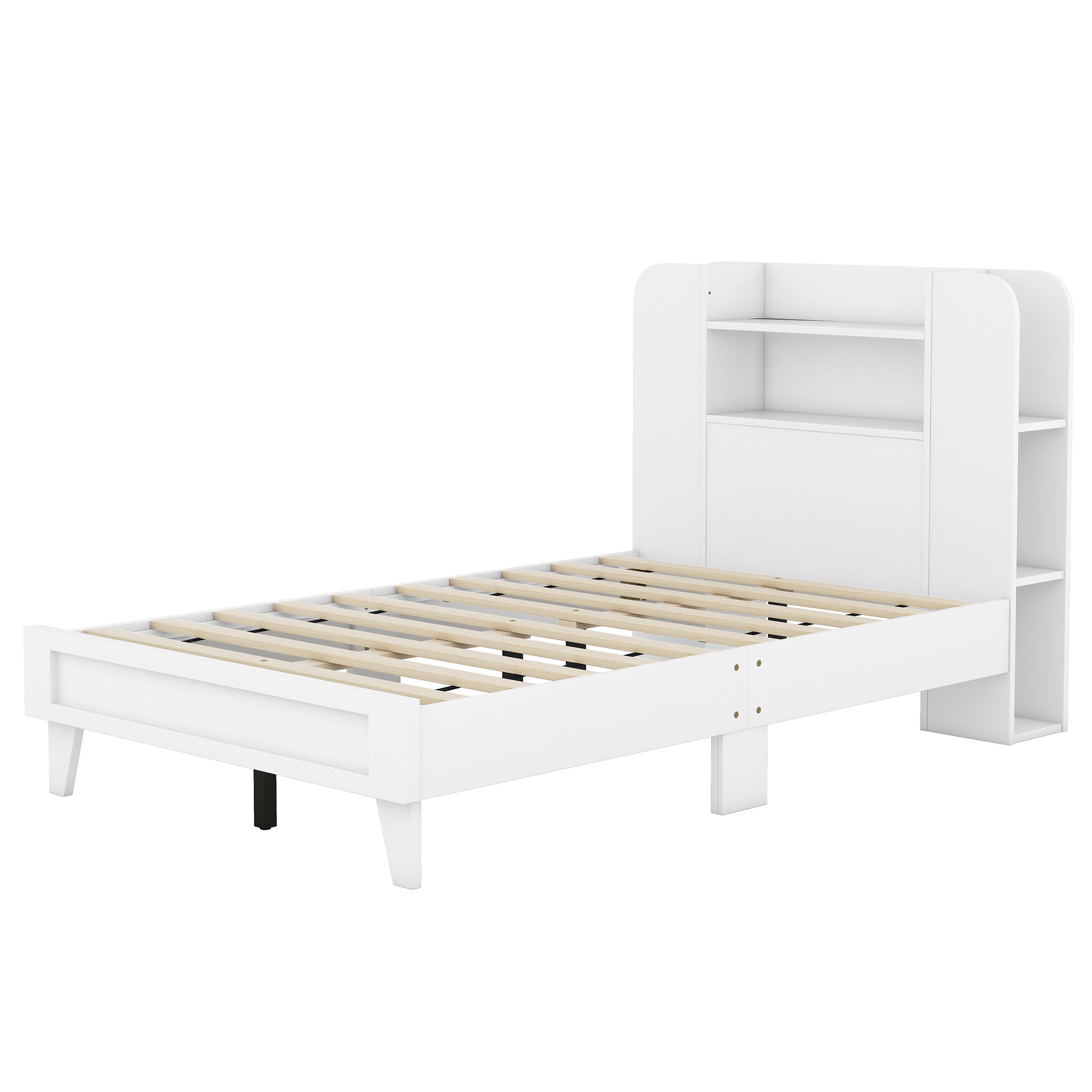 Twin Size Platform Bed with Storage Headboard,Multiple Storage Shelves on Both Sides,White