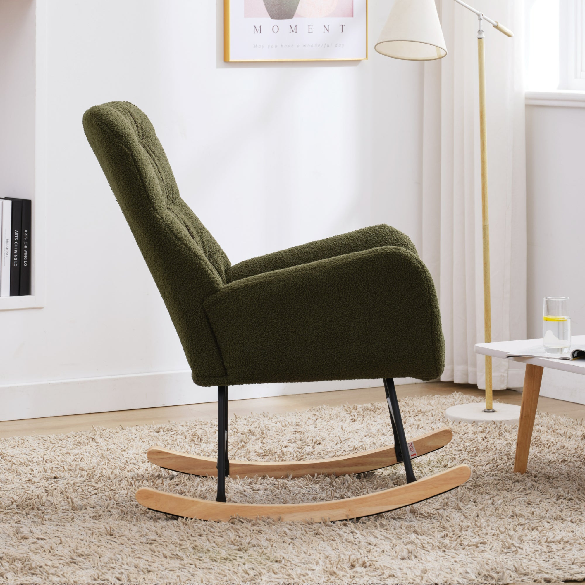 Nursery Rocking Chair, Teddy Upholstered Glider Rocker, Rocking Accent Chair with High Backrest, Comfy Rocking Accent Armchair for Living Room, Bedroom, Offices, DARK GREEN