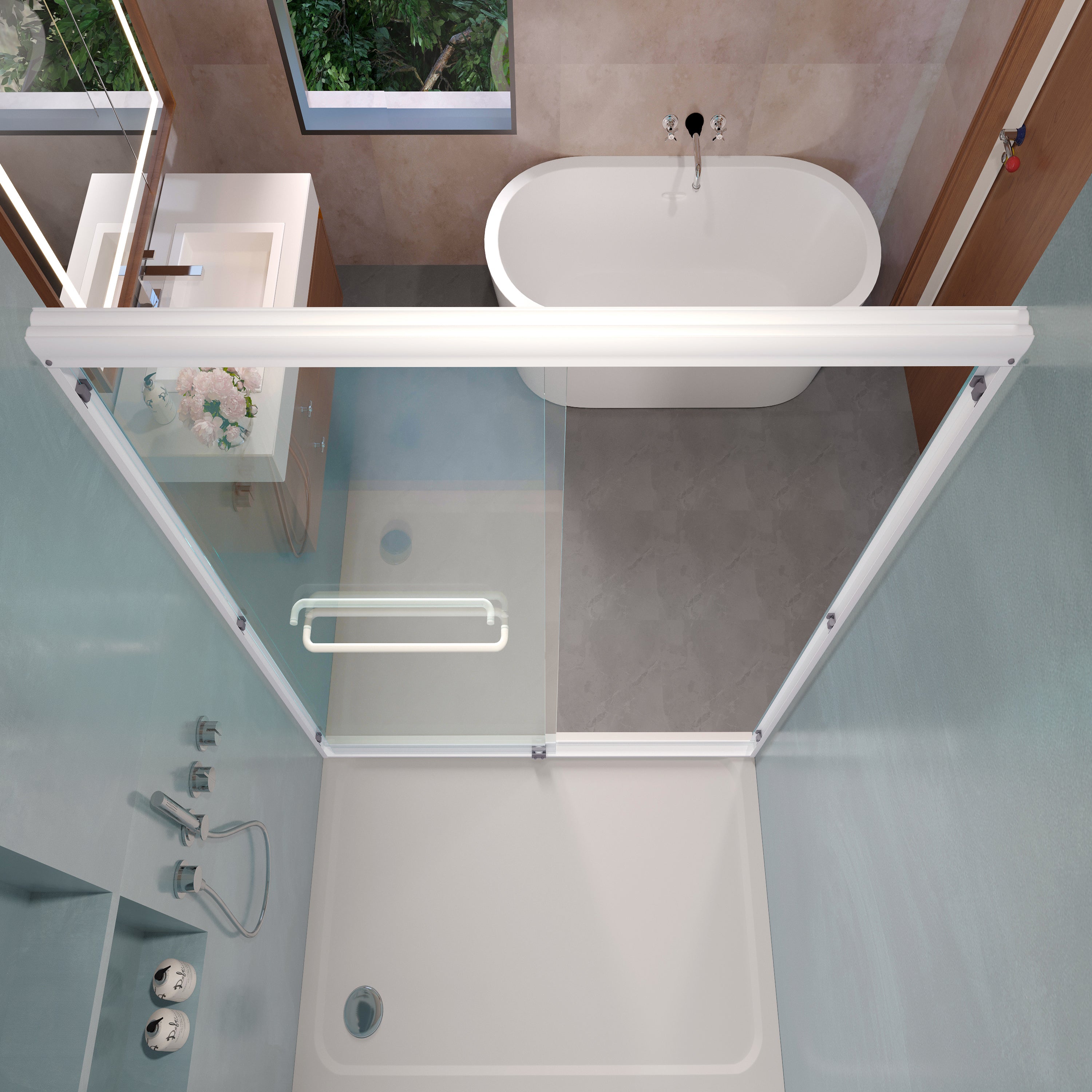 Sliding shower door white finish 6mm tempered glass detail
