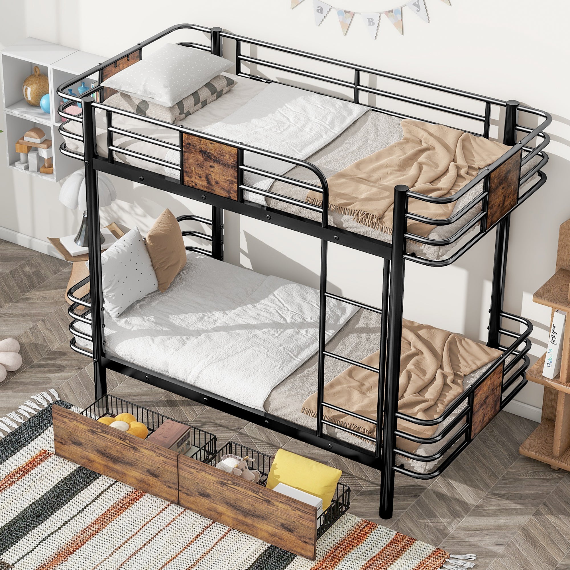 Twin XL over Twin XL Metal Bunk Bed with MDF Board Guardrail and Two Storage Drawers,Black