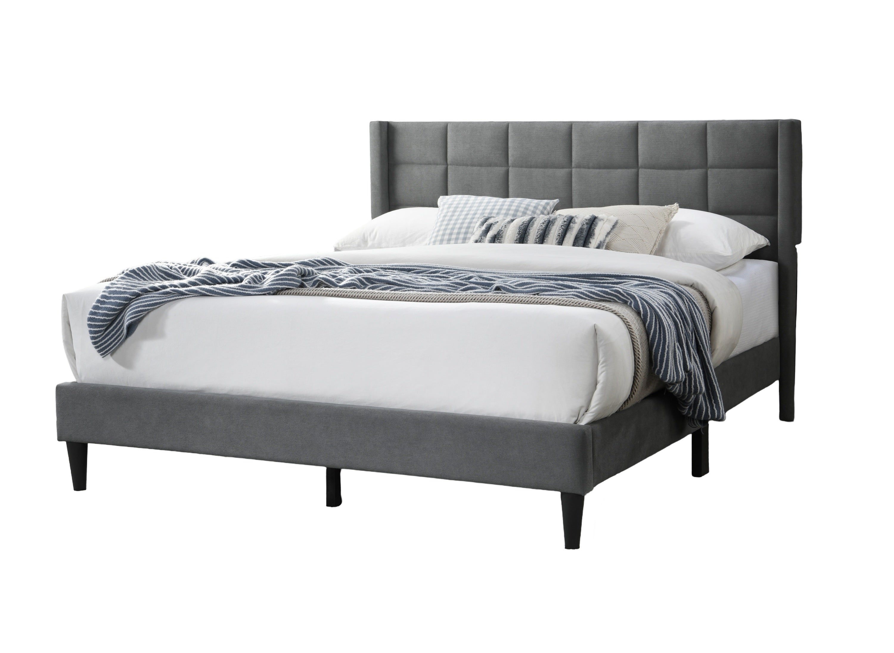 Elegant Modern Gray Brushed Linen 1pc Queen Size Bed Upholstered Box Design Headboard Bedframe