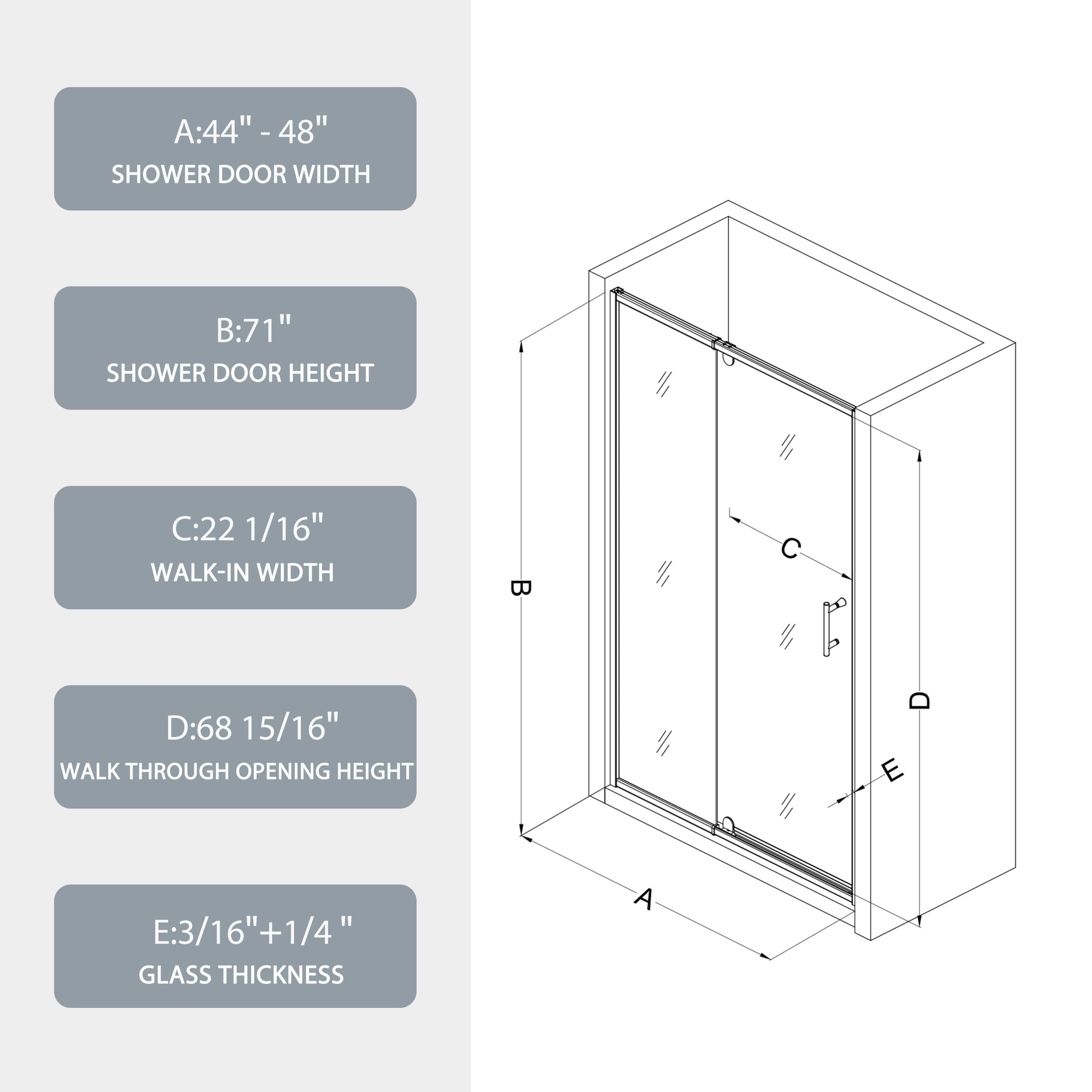 44-48" W x 71" H Pivot Swing Glass Shower Door, Pivot Frame Sliding Shower Door with 1/4"(6mm) Clear SGCC Tempered Glass,