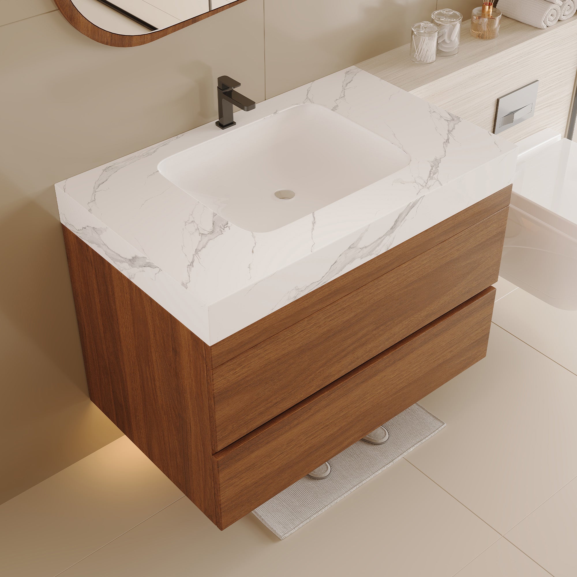 29.9 inch floating vanity faux marble top ceramic sink, top detail view