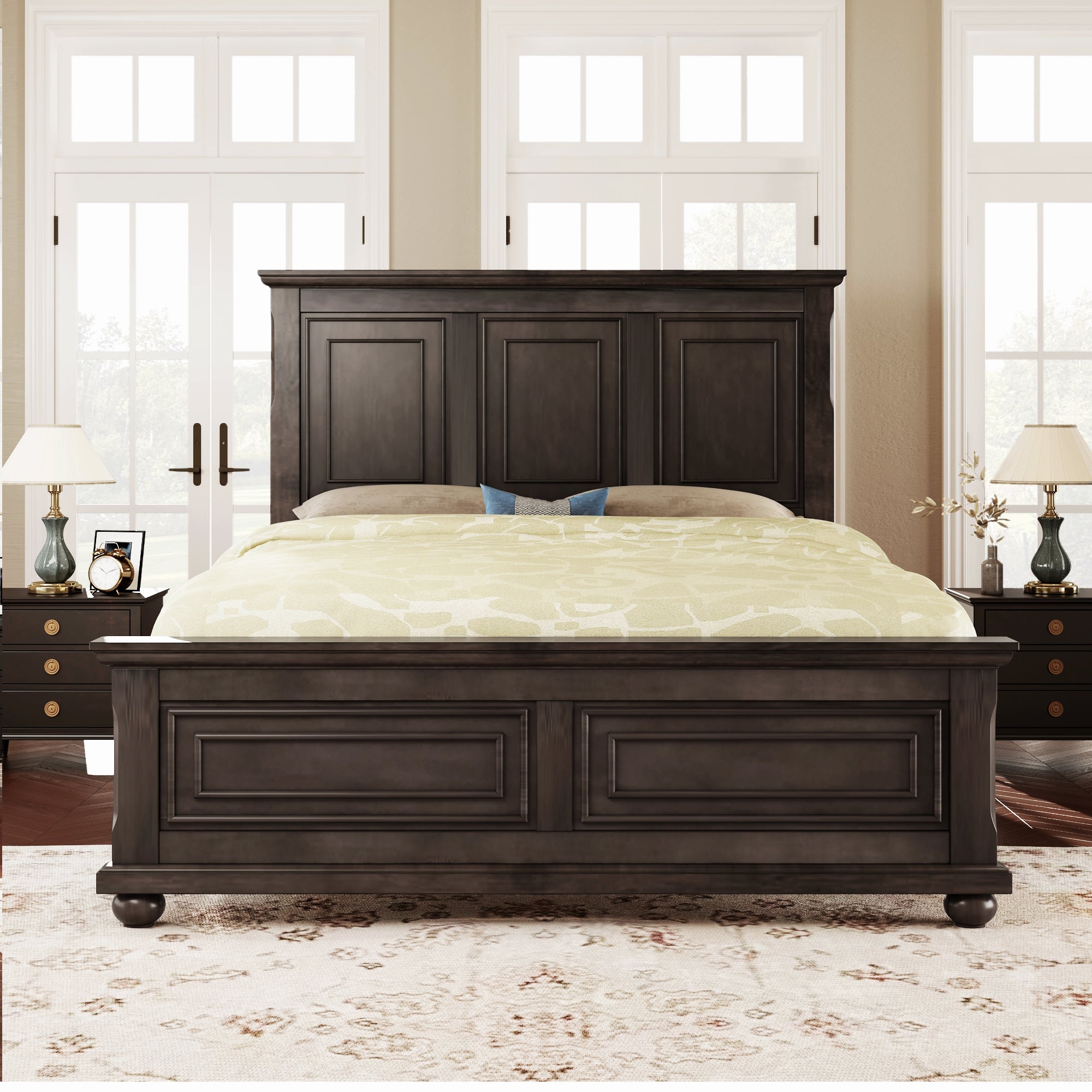 Traditional Town and Country Style Pinewood Vintage King Bed, Rich Brown