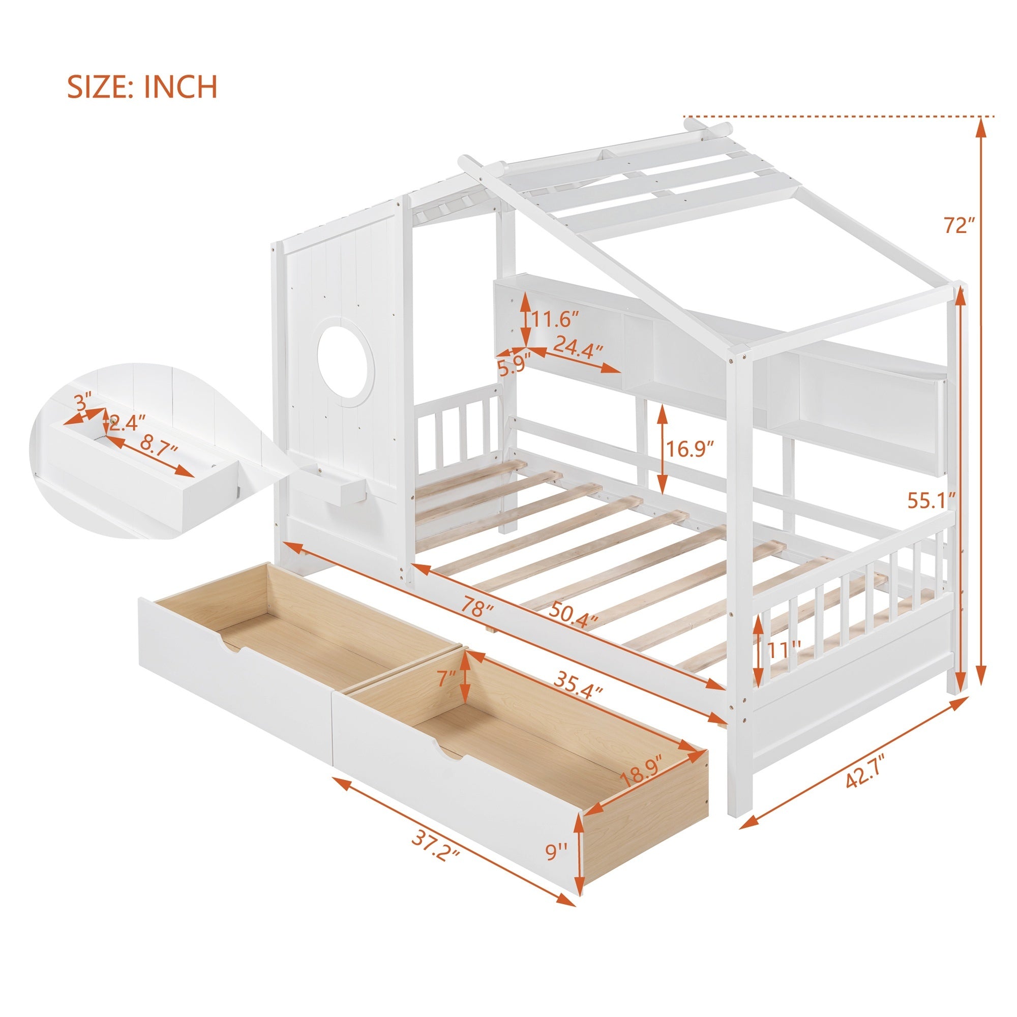 Wooden Twin Size House Bed with 2 Drawers,Kids Bed with Storage Shelf, White