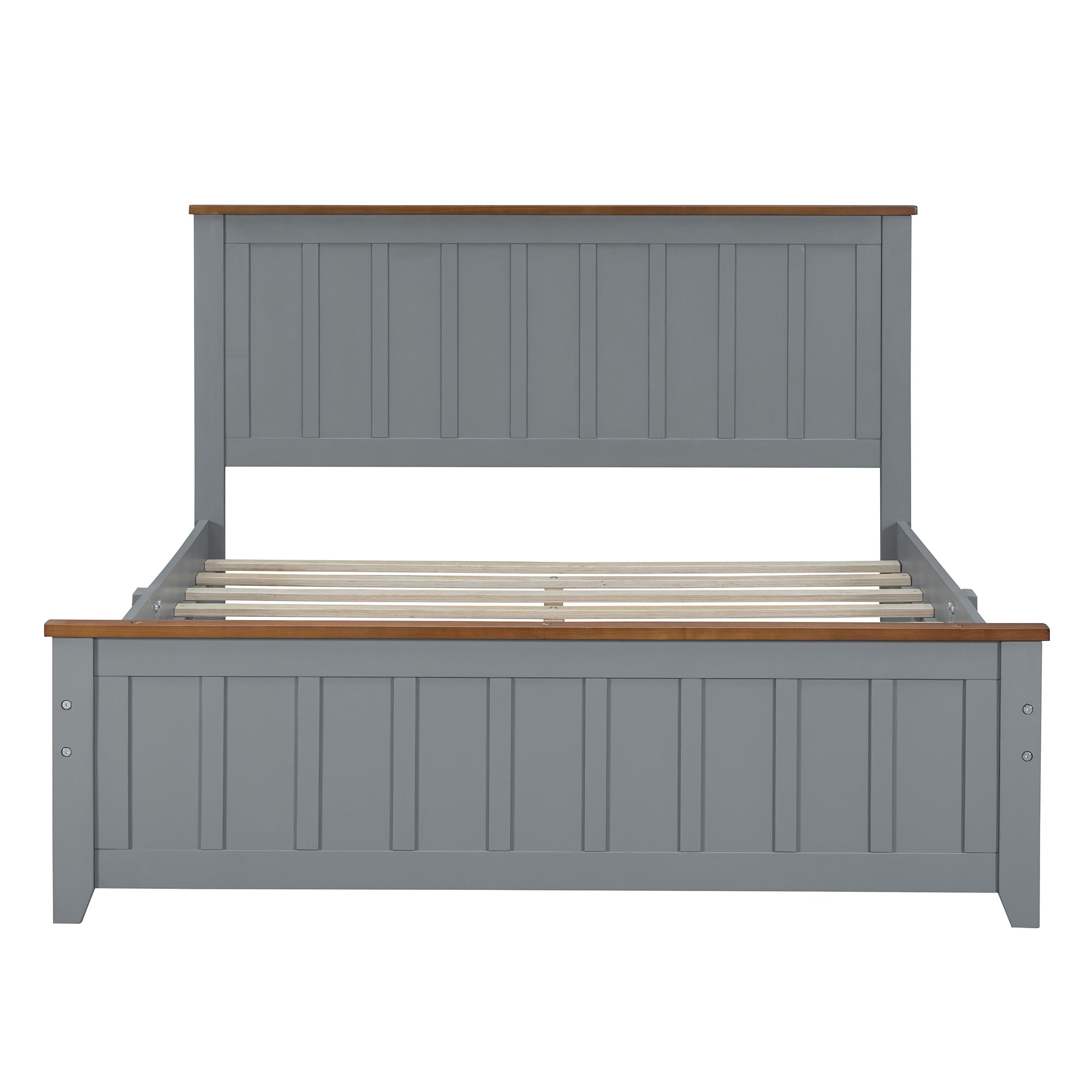 Full Size Wood Platform Bed Wooden Slat Support, Vintage Simple Bed Frame with Rectangular Headboard and Footboard, Grey