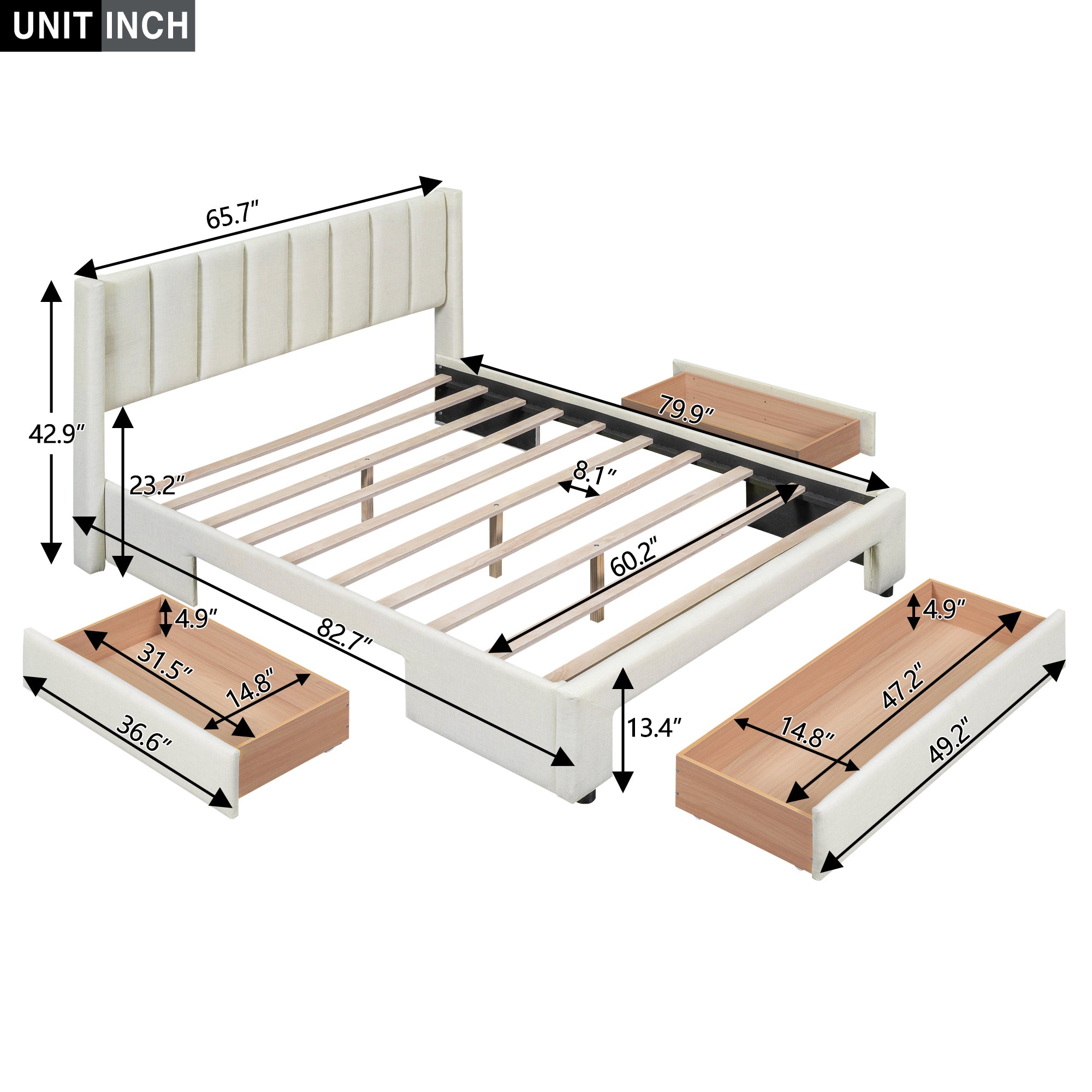 Queen Size Upholstered Platform Bed with One Large Drawer in the Footboard and Drawer on Each Side,Beige