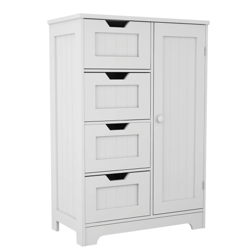 White freestanding floor storage cabinet with adjustable shelves, 4 drawers and 1 door