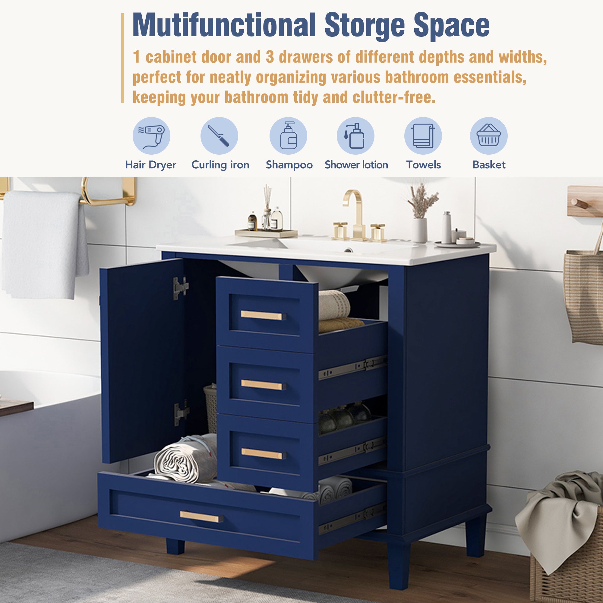 30" Bathroom Vanity , Modern Bathroom Cabinet with Sink Combo Set, Bathroom Storage Cabinet with a Soft Closing Door and 3 Drawers, Solid Wood Frame(Blue)