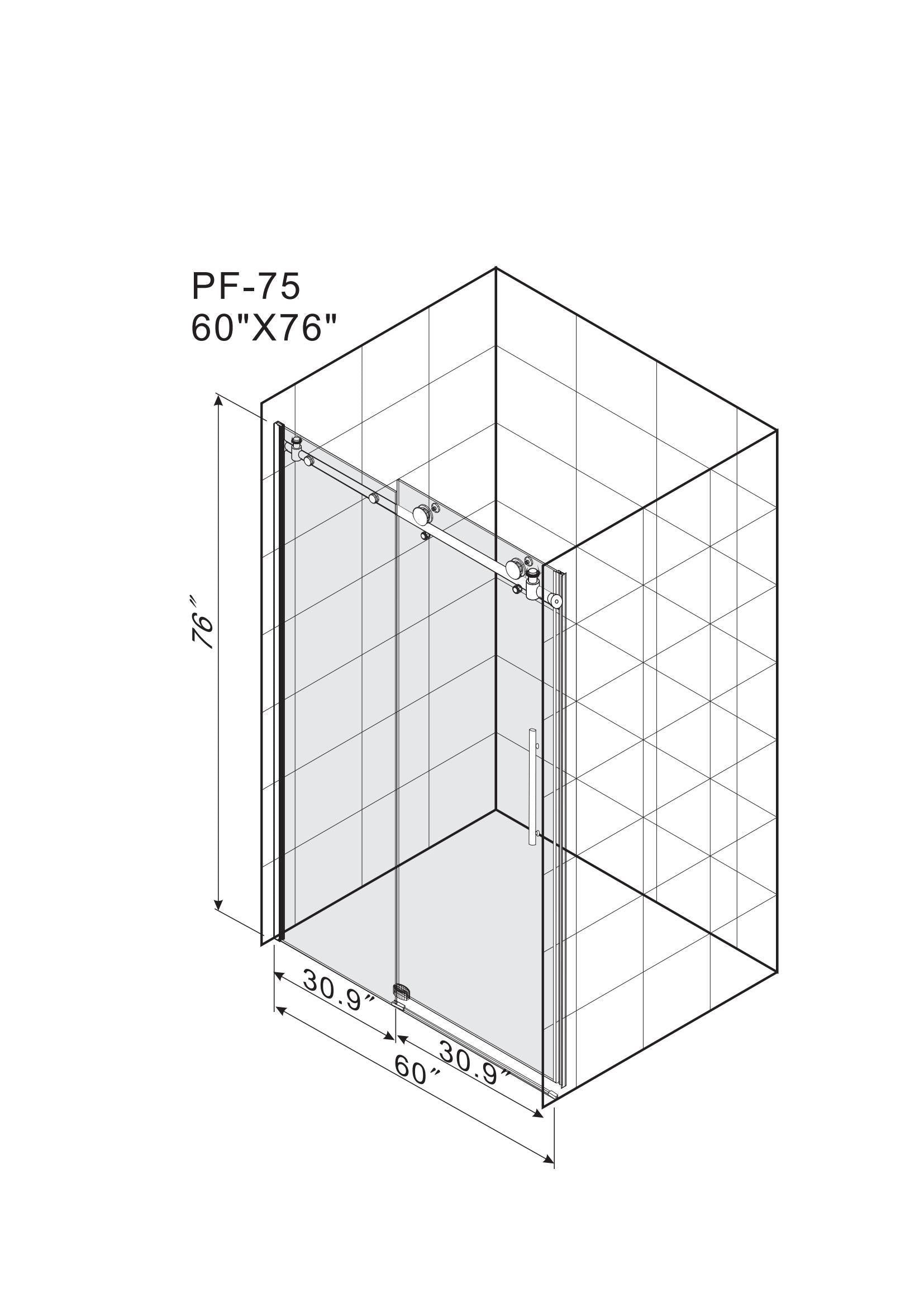 Frameless Shower Doors 60" Width x 76"Height with 3/8"(10mm) Clear Tempered Glass, Brushed Nicel Finish