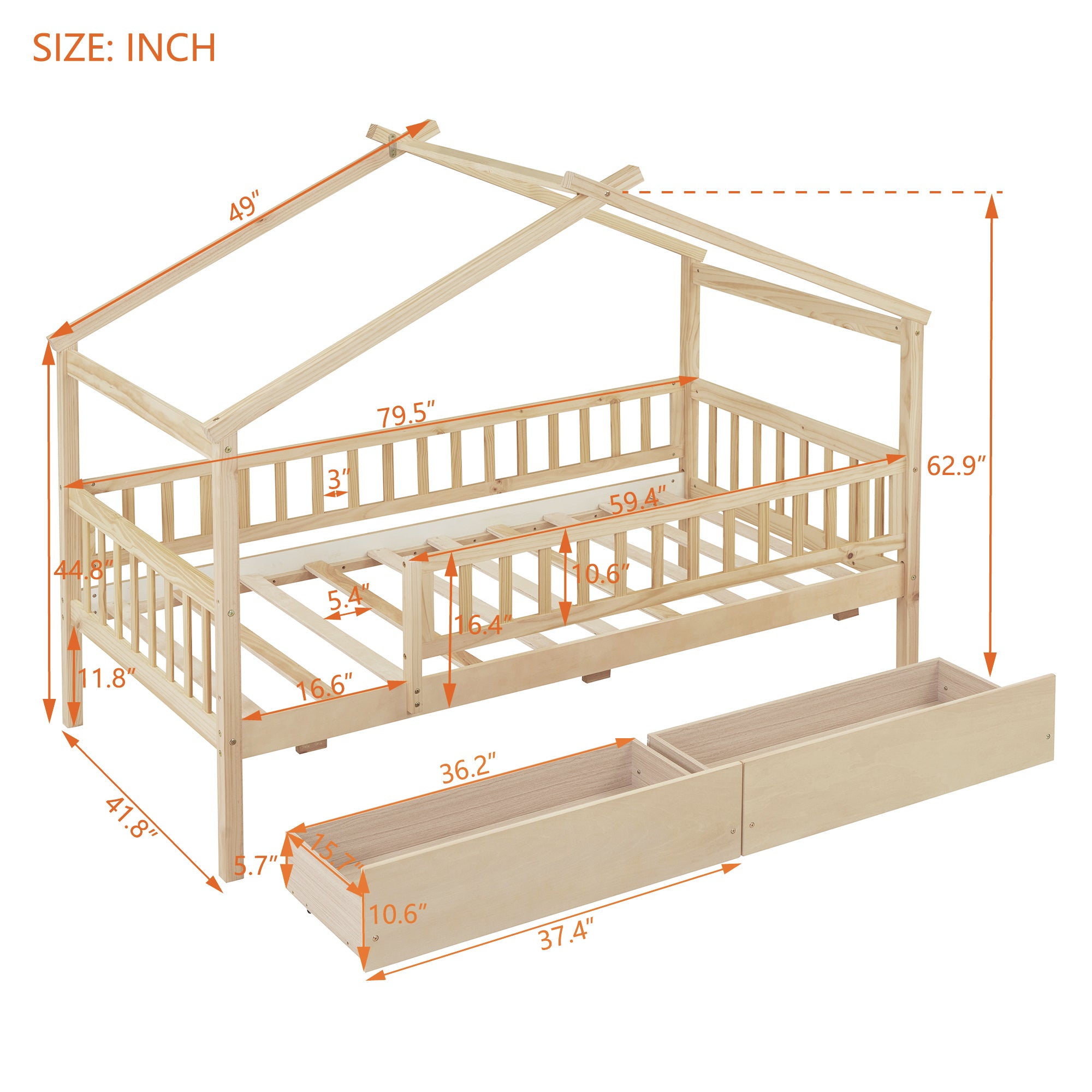 Twin Size Wooden House Bed with Two Drawers, Natural