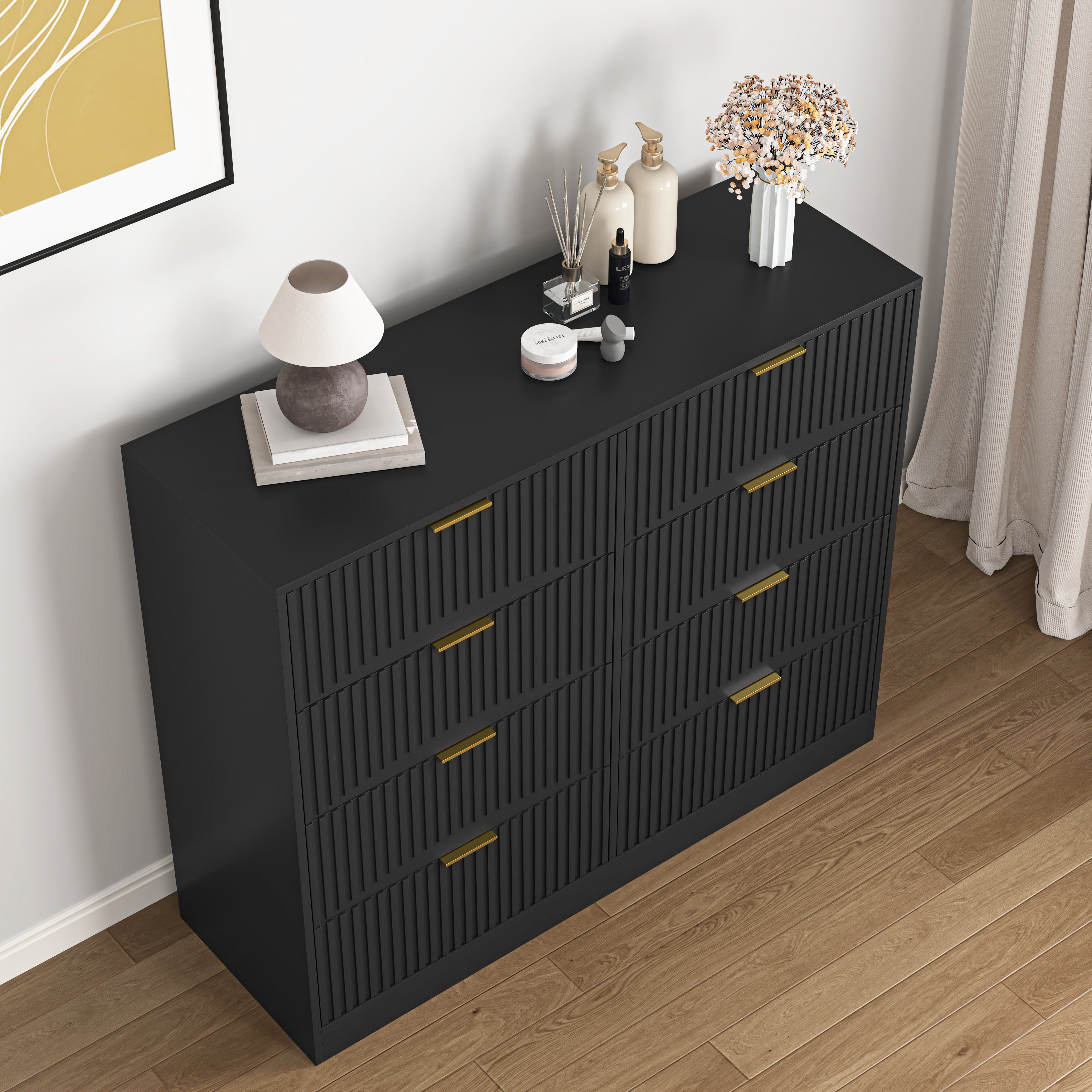 Modern black 47.2 inch wide chest of drawers with gold handles, entryway view