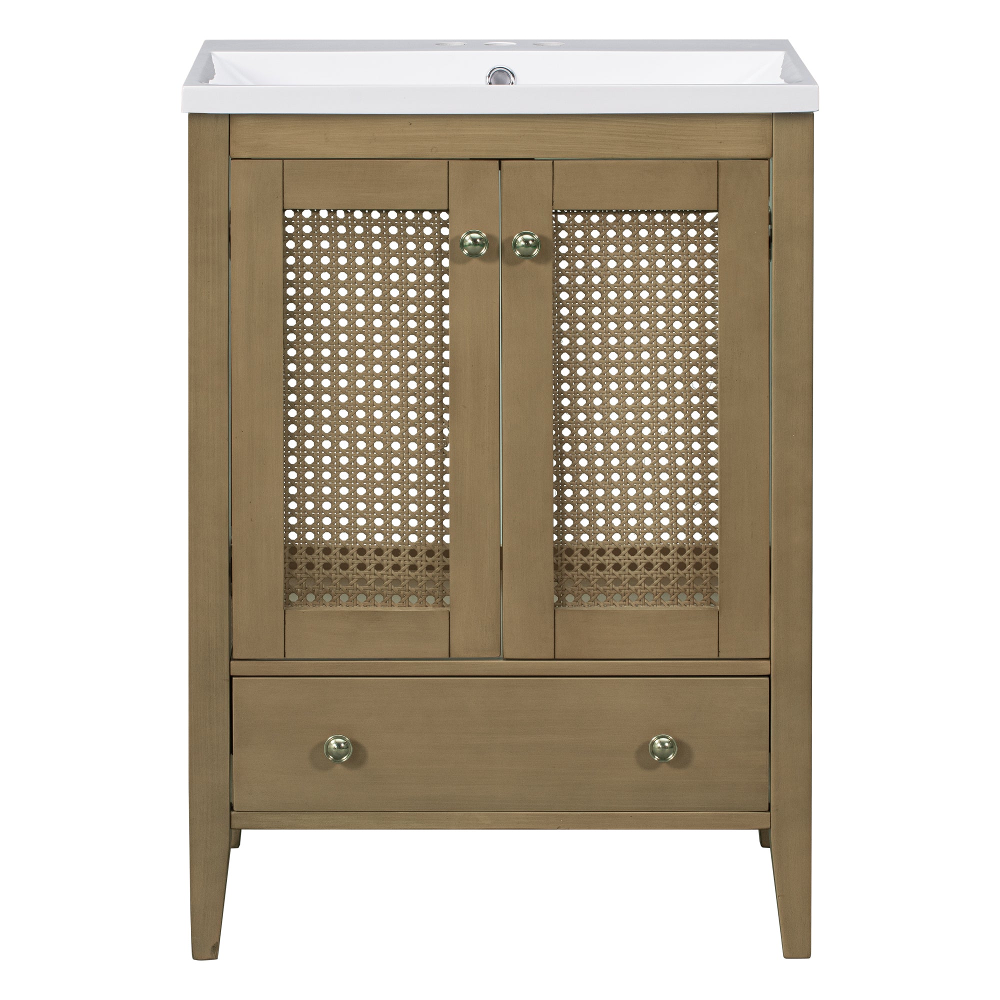 24" Bathroom Vanity with Ceramic Basin, Rattan Bathroom Storage Cabinet with Two Doors and Drawer, Solid Frame, Natural (OLD SKU: JL000008AAD)