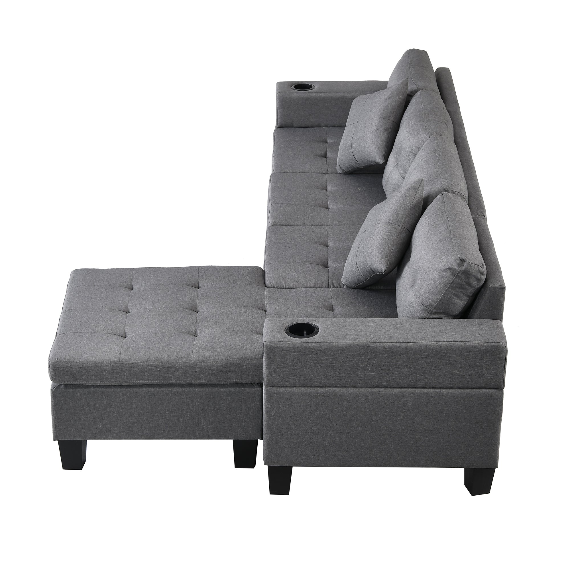 Sectional Sofa Set for Living Room with L Shape Chaise Lounge,cup holder and Left or Right Hand Chaise Modern 4 Seat (FAUX LINEN GREY)