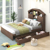 Full Size Wood Platform Bed with House-shaped Storage Headboard and 2 Drawers, Walnut