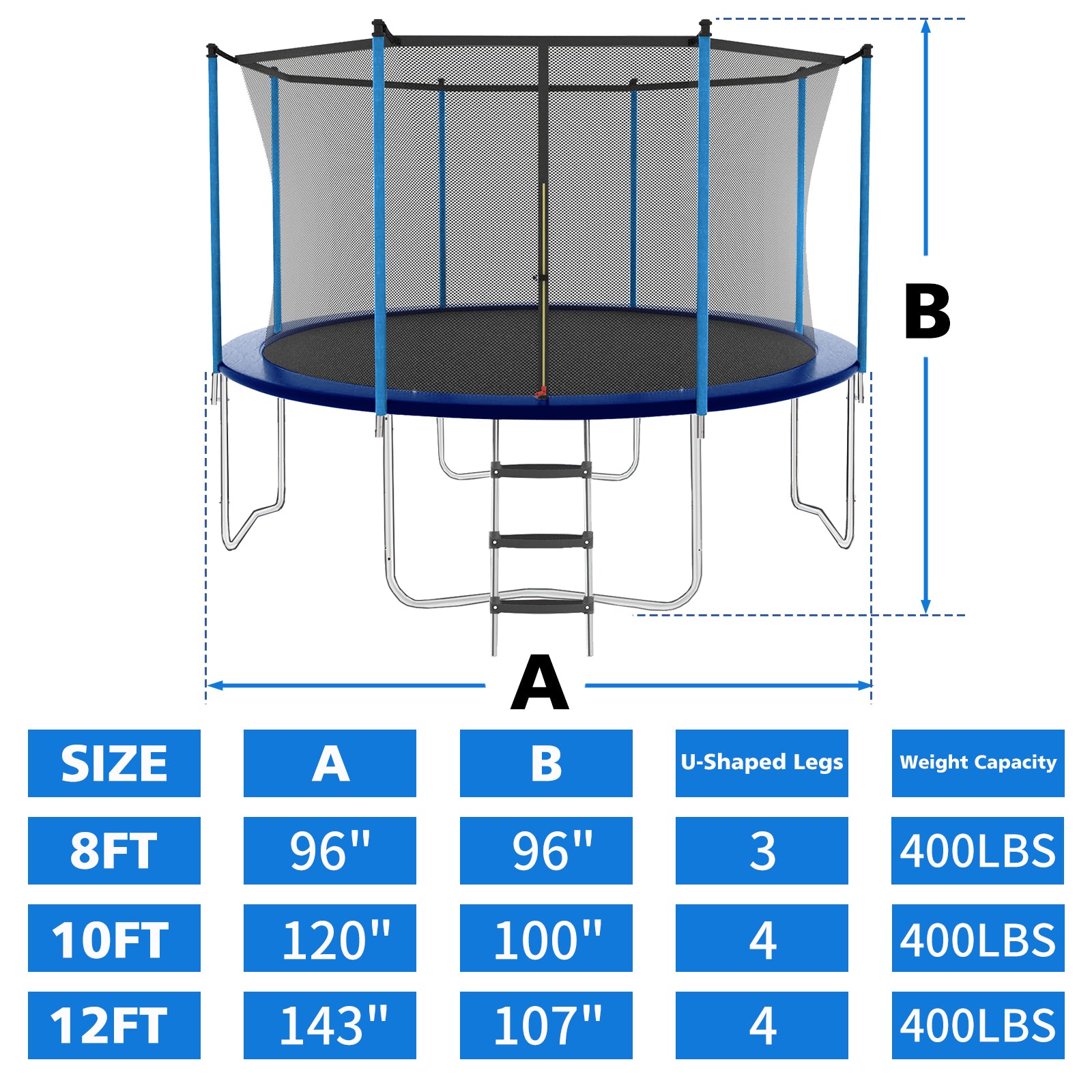 8ft Blue Outdoor Toddler Trampoline with Enclosure Safety Net Jumping Fun Trampoline, heavy-duty jump pads, spring-loaded for children and adults,  Gifts for Boys/Girls