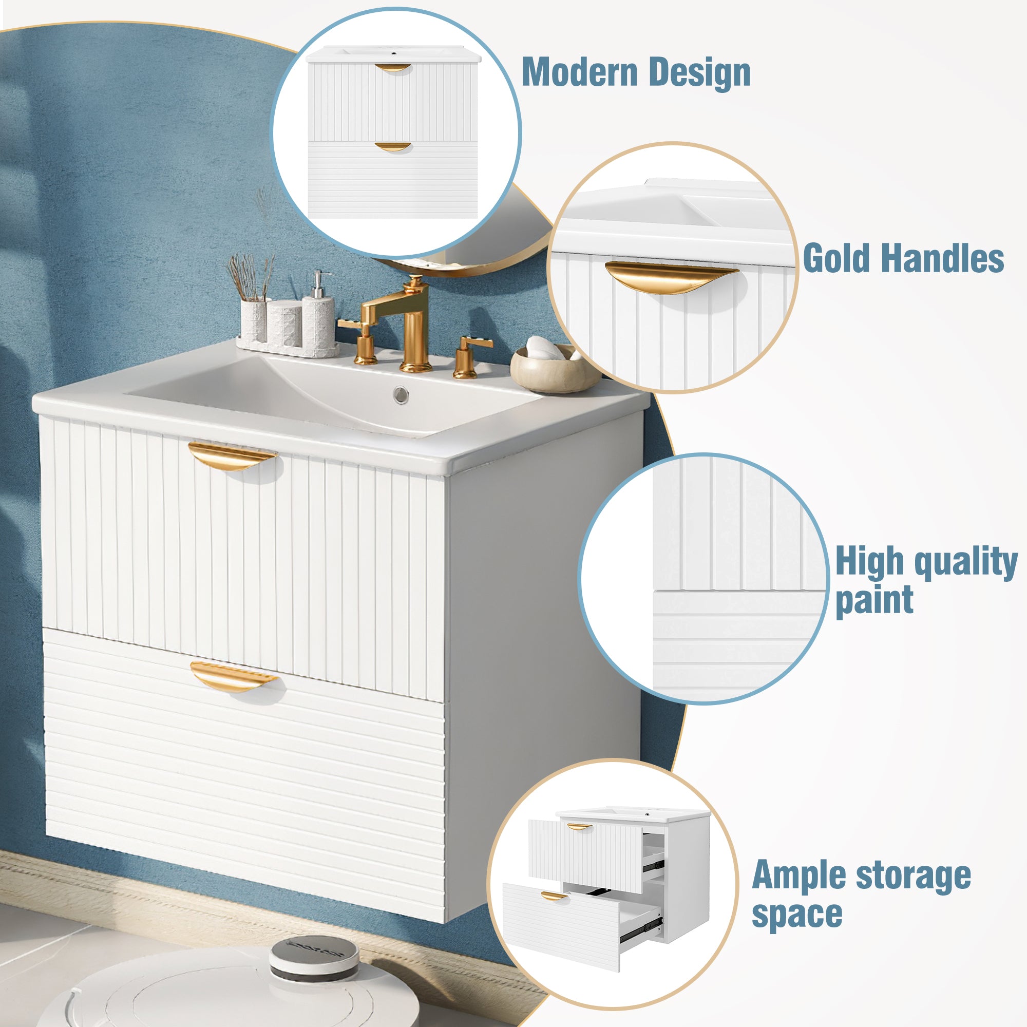 Modern 24-Inch Wall-Mounted Bathroom vanity with 2 Drawers, White - Ideal for Small Bathrooms