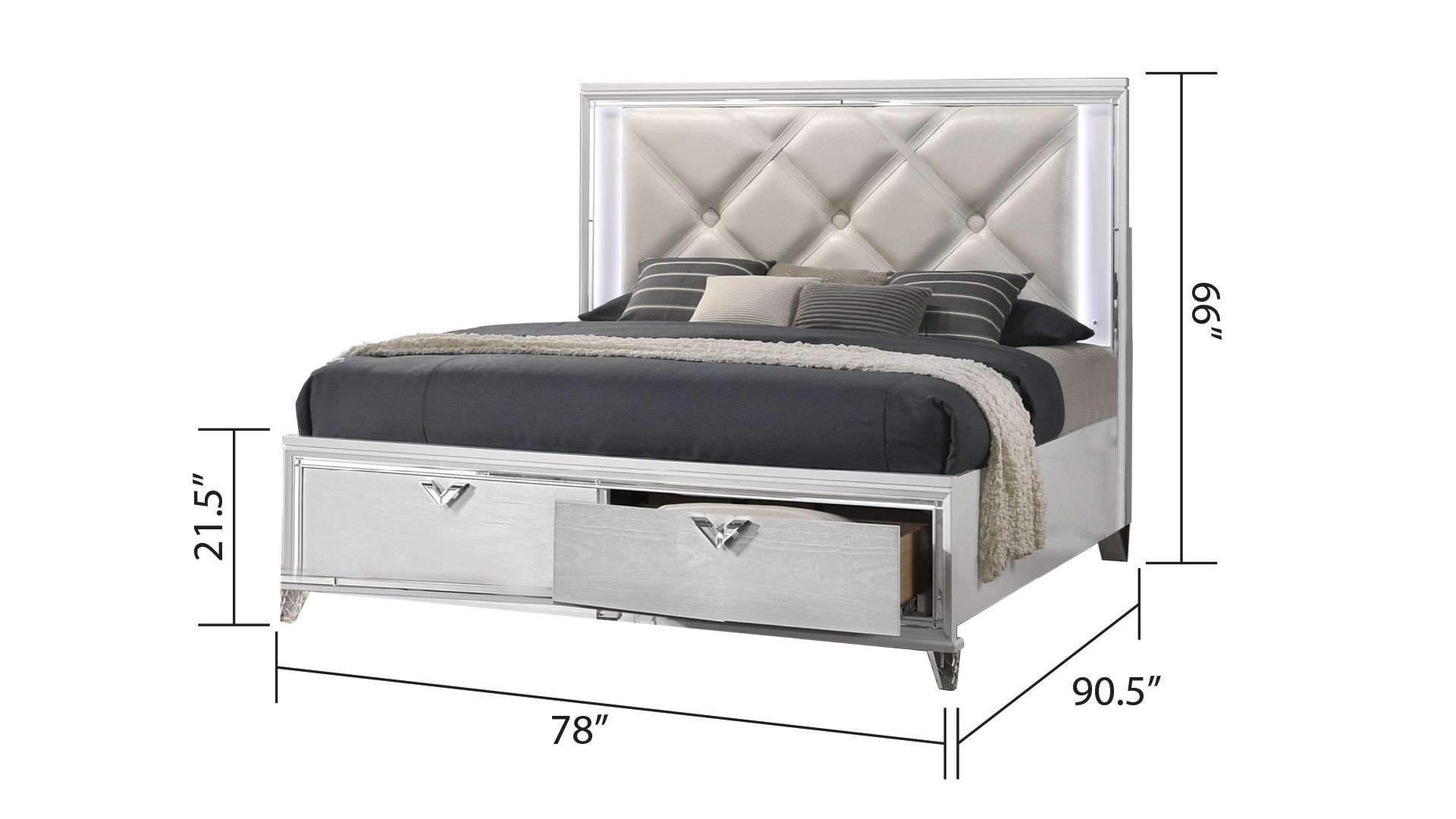 Modern Style King bed with LED Accents & V-Shaped handles