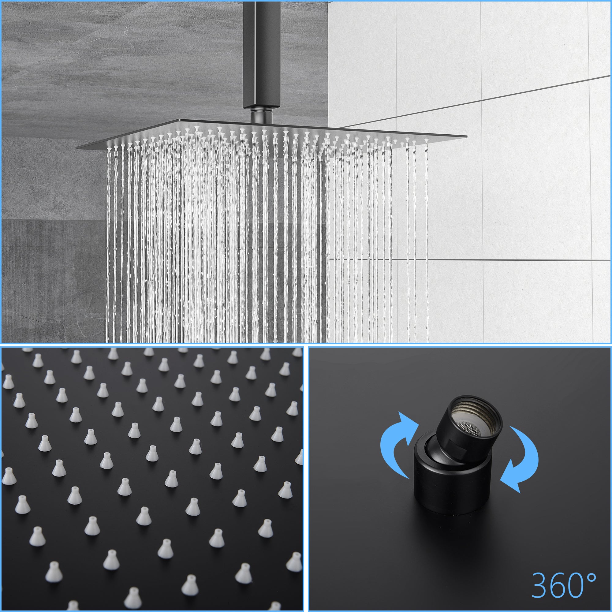 Dual Shower Head - 16 Inch Ceiling Mount Square Shower System with Rough-in Valve, Matte black