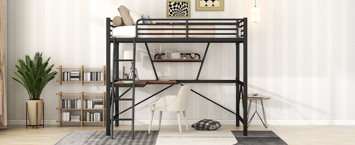 Full Size Loft Metal&MDF Bed with Desk and Shelf, Black