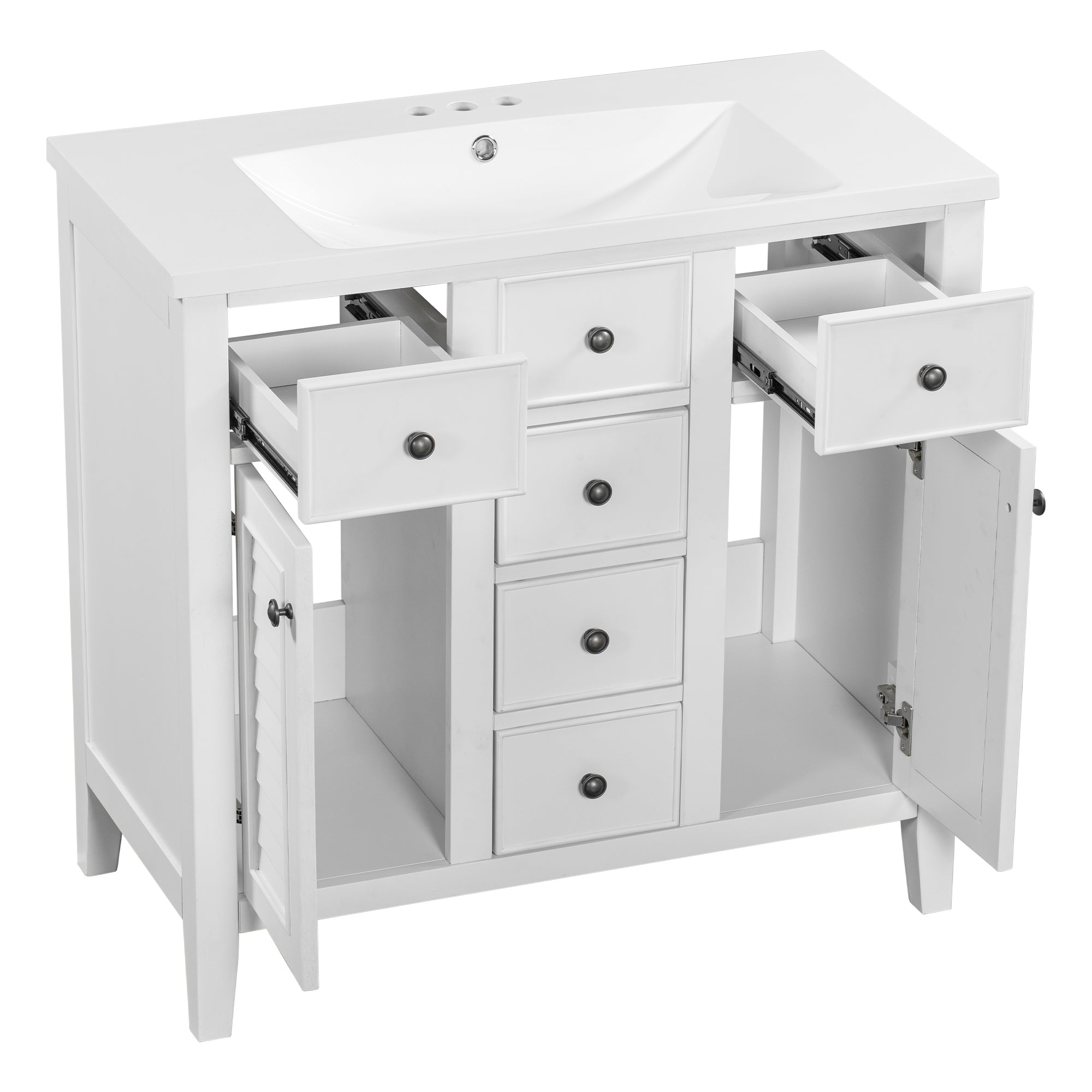 36" Bathroom Vanity with Ceramic Basin, Two Cabinets and Five Drawers, Solid Wood Frame, White (OLD SKU: SY999202AAK-1)