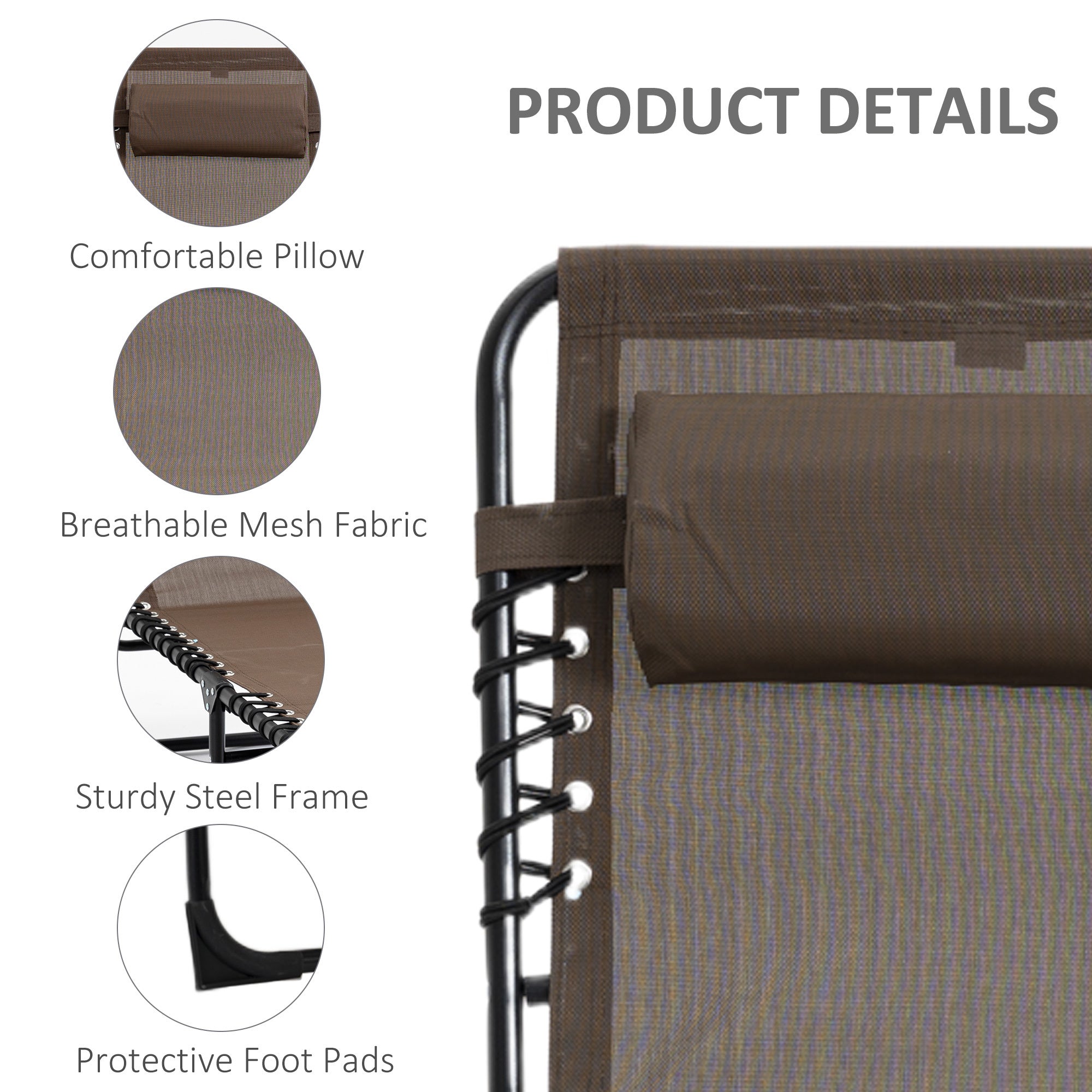 Outsunny Reclining Chaise Lounge Chair, Portable Sun Lounger, Folding Camping Cot, with Adjustable Backrest and Removable Pillow, for Patio, Garden, Beach, Brown