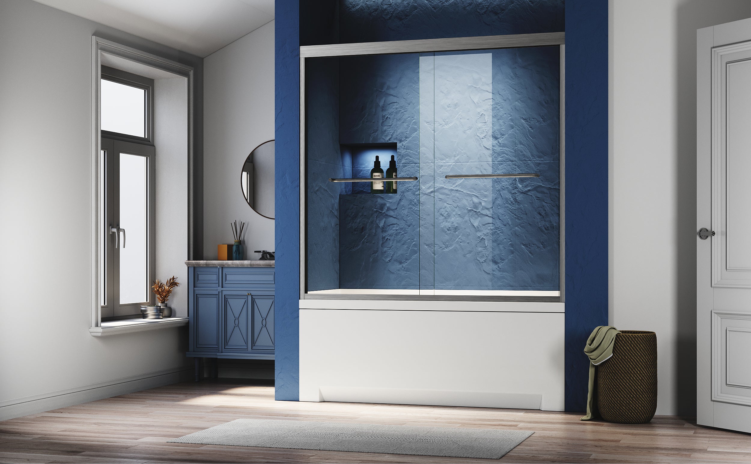 Sliding Glass Tub Door 56-60"W x 57"H, Brushed Nickel Semi Frameless Double Bathtub Door, Certified Thick Clear Clear Tempered Glass, 304 Stainless Steel Handles.