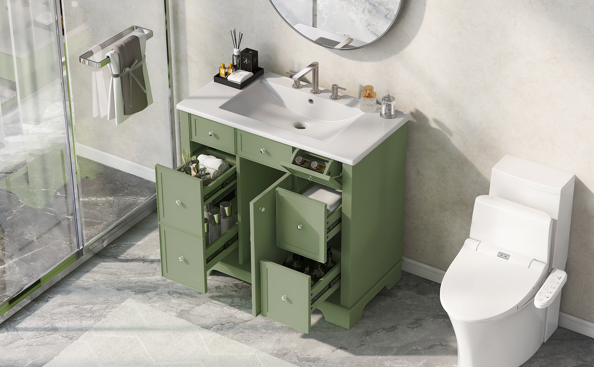 36" Bathroom Vanity with Sink, One Cabinet with Three drawers and One Flip Drawer, Solid Wood and MDF Board, Green