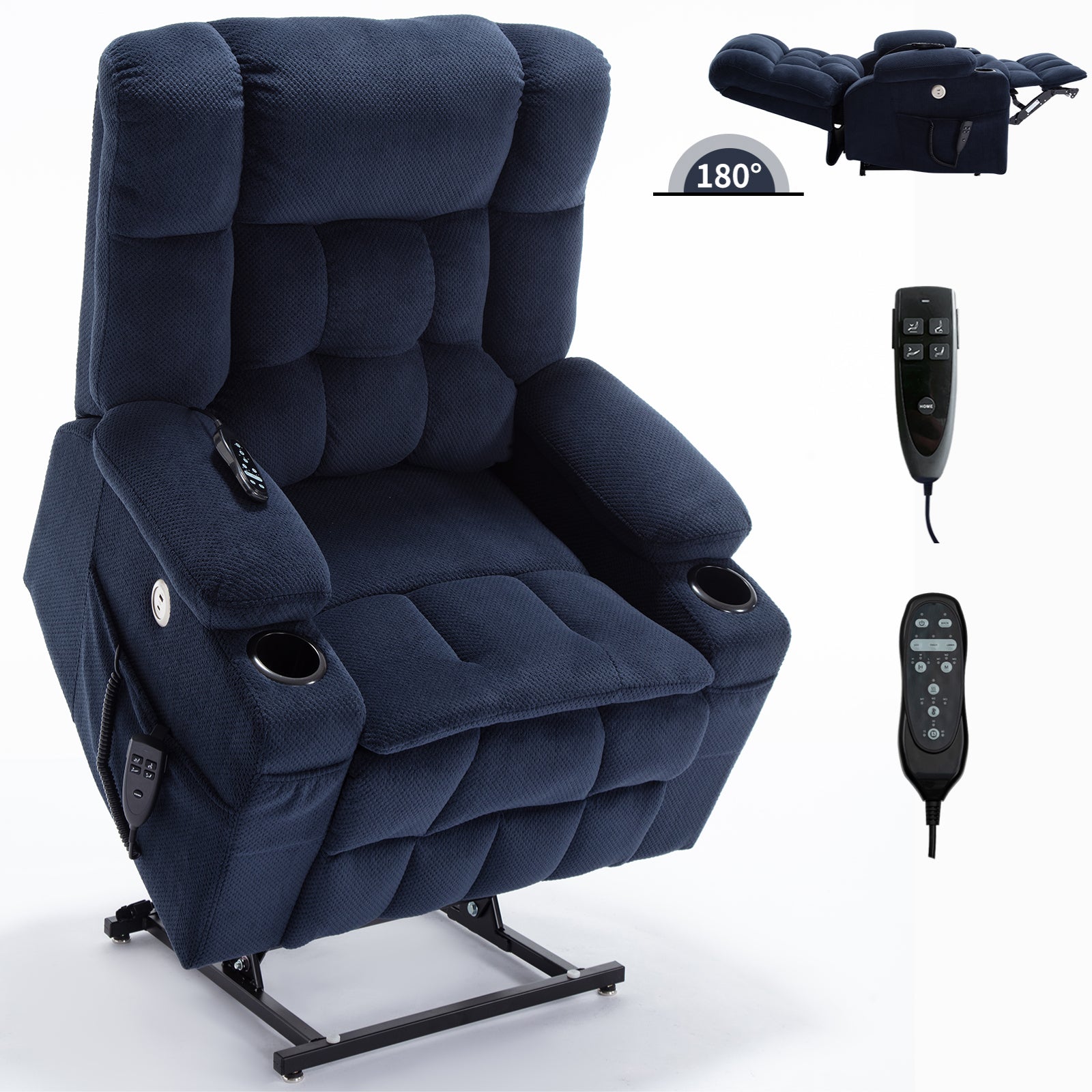 Blue Dual Motor Infinite Position Up to 350 LBS Chenille Power Lift Recliner Chair, Heavy Duty Motion Mechanism with 8-Point Vibration Massage and Lumbar Heating, Dual Cup Holders