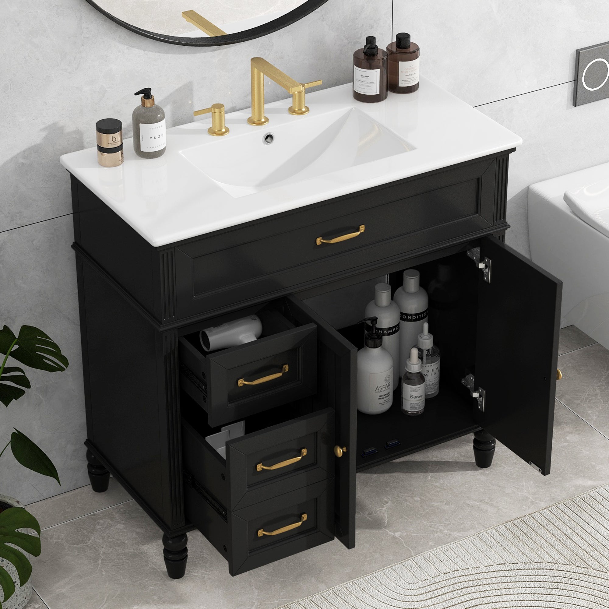 36" Bathroom Vanity with Sink, Black Bathroom Cabinet with Drawers, Solid Frame and MDF Board, One Package