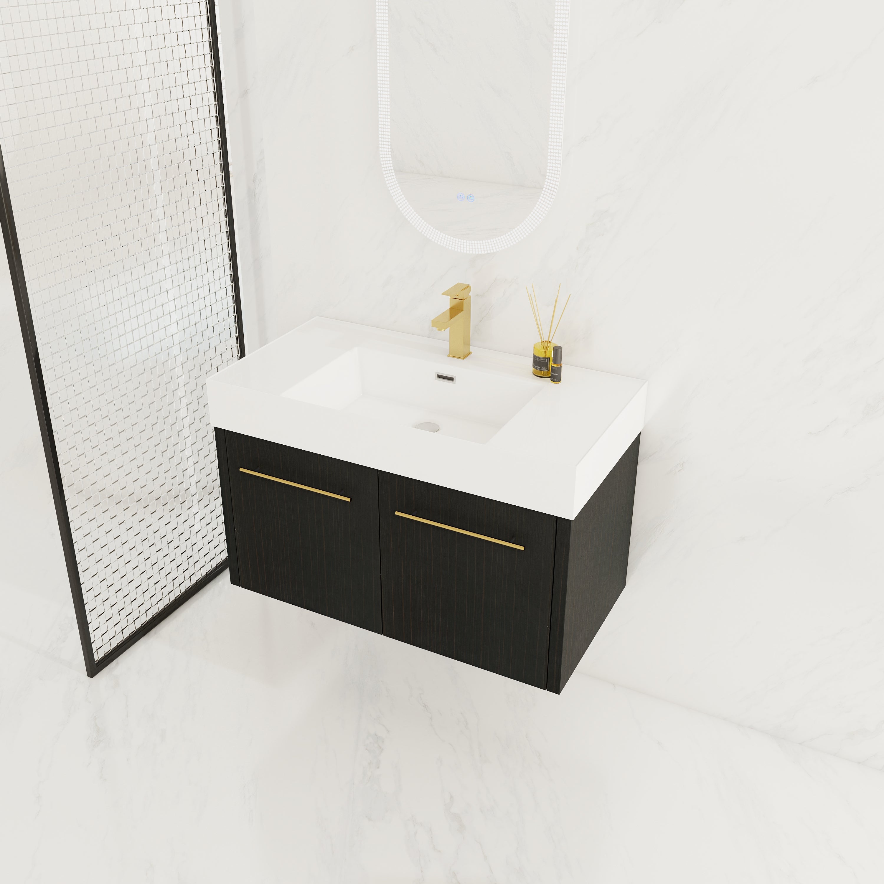 36 Inch Wall-Mounted Bathroom Vanity with Sink, Thick Edged Resin Basin, KD-Package