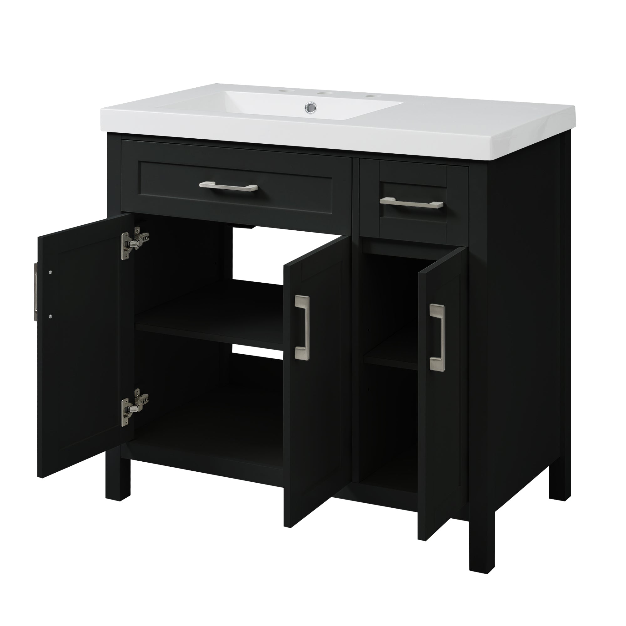 36" Black Bathroom Vanity Cabinet with Resin Integrated Sink - 2 Drawers, 3 Doors