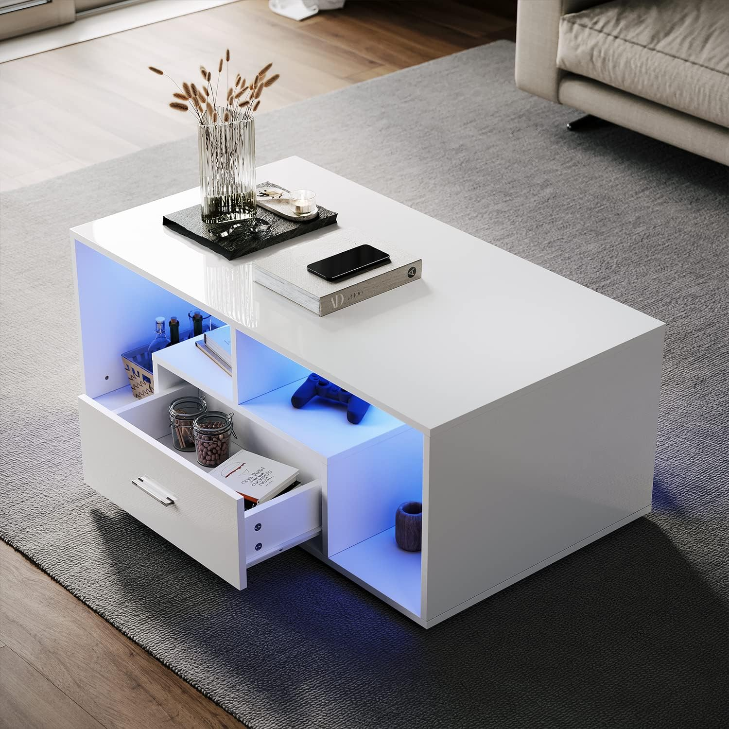 DFW Coffee Table with Storage Compartment Drawers and LED Adjustable Lights Available in 16 Colours Sofa Table Side Table White